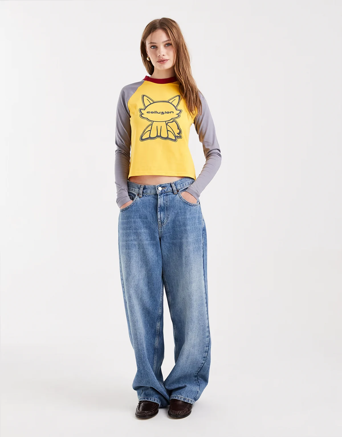 – Raglan-T-Shirt in Gelb mit Katzenillustrations-Grafik