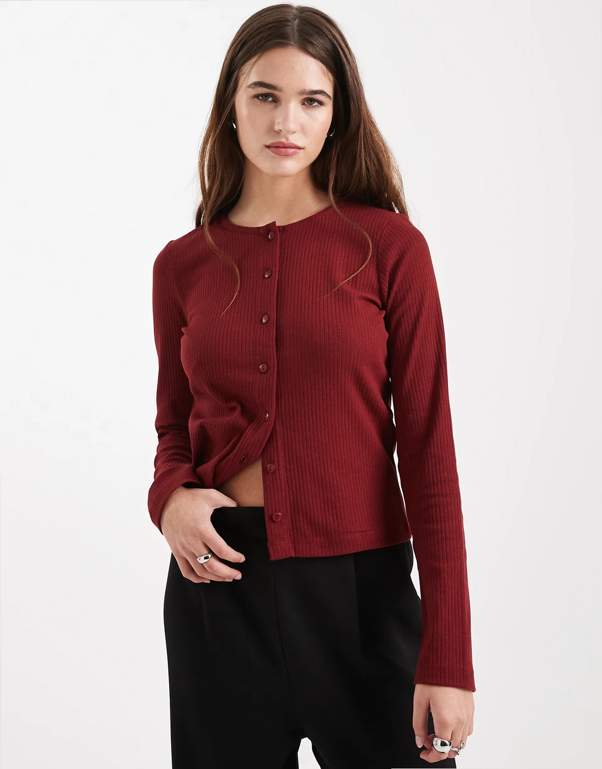 button down long sleeve top in burgundy