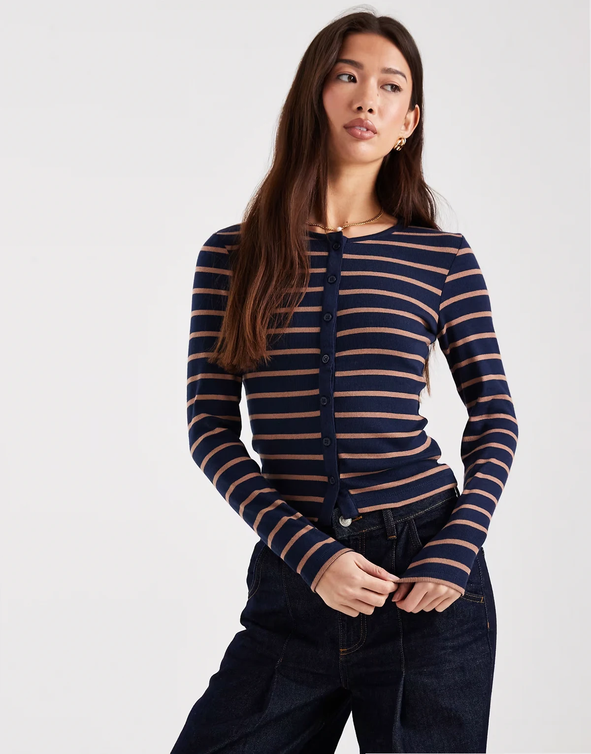 long sleeve button down ribbed top in navy and taupe stripe