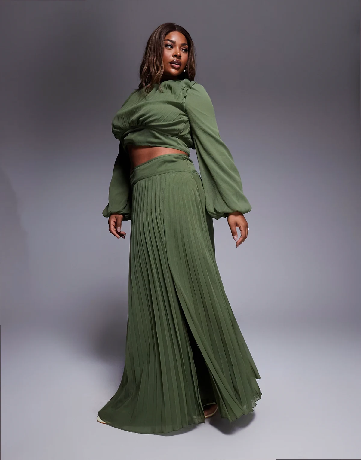 ASOS DESIGN Curve dropped waist pleat detail maxi skirt in olive - part of a set