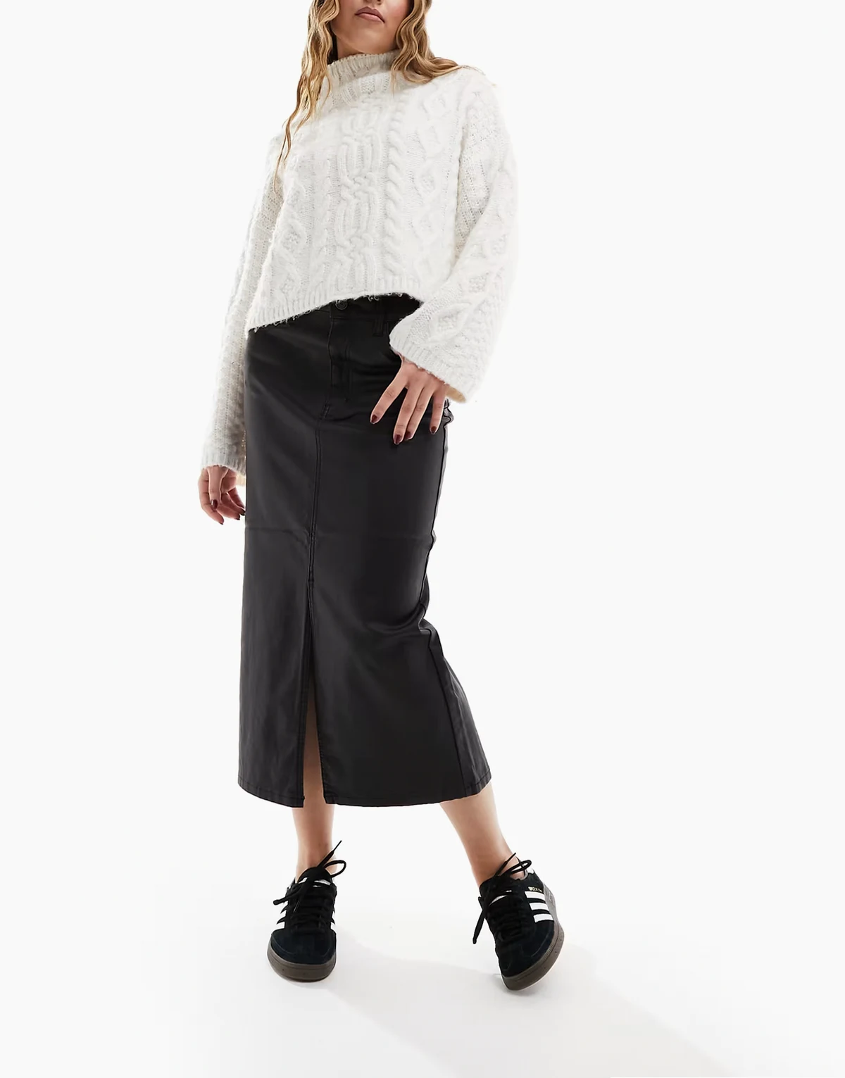 coated midi skirt with split front in black