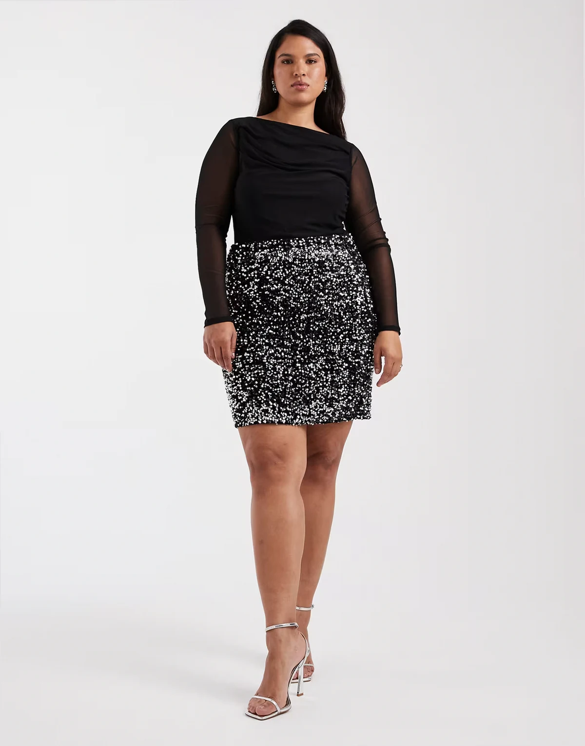 textured sequin mini skirt in black and silver