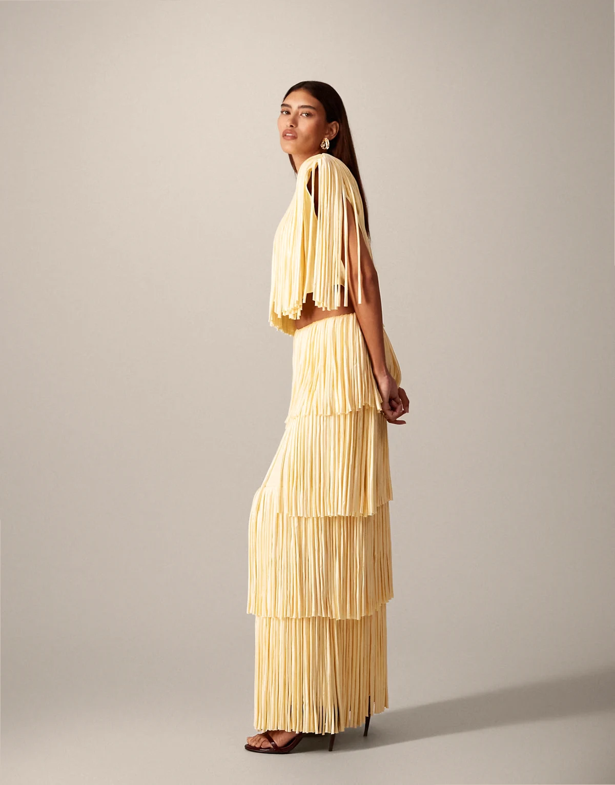 fringe tiered maxi skirt in butter yellow - part of a set