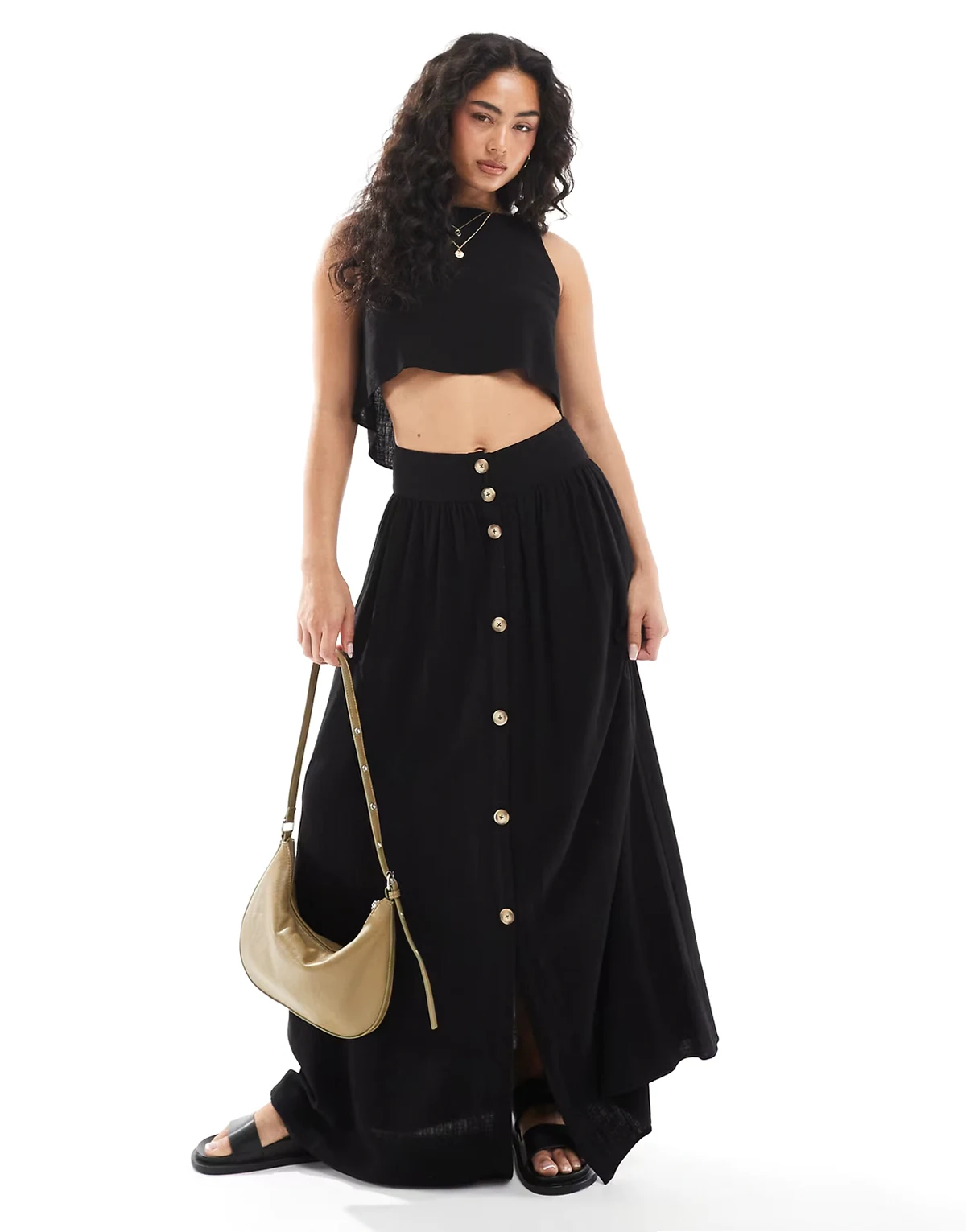 linen blend maxi skirt with button front detail in black - part of a set