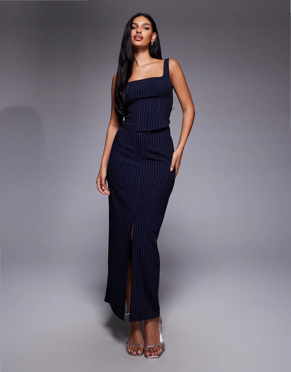 exclusive tailored maxi skirt in navy pinstripes - part of a set