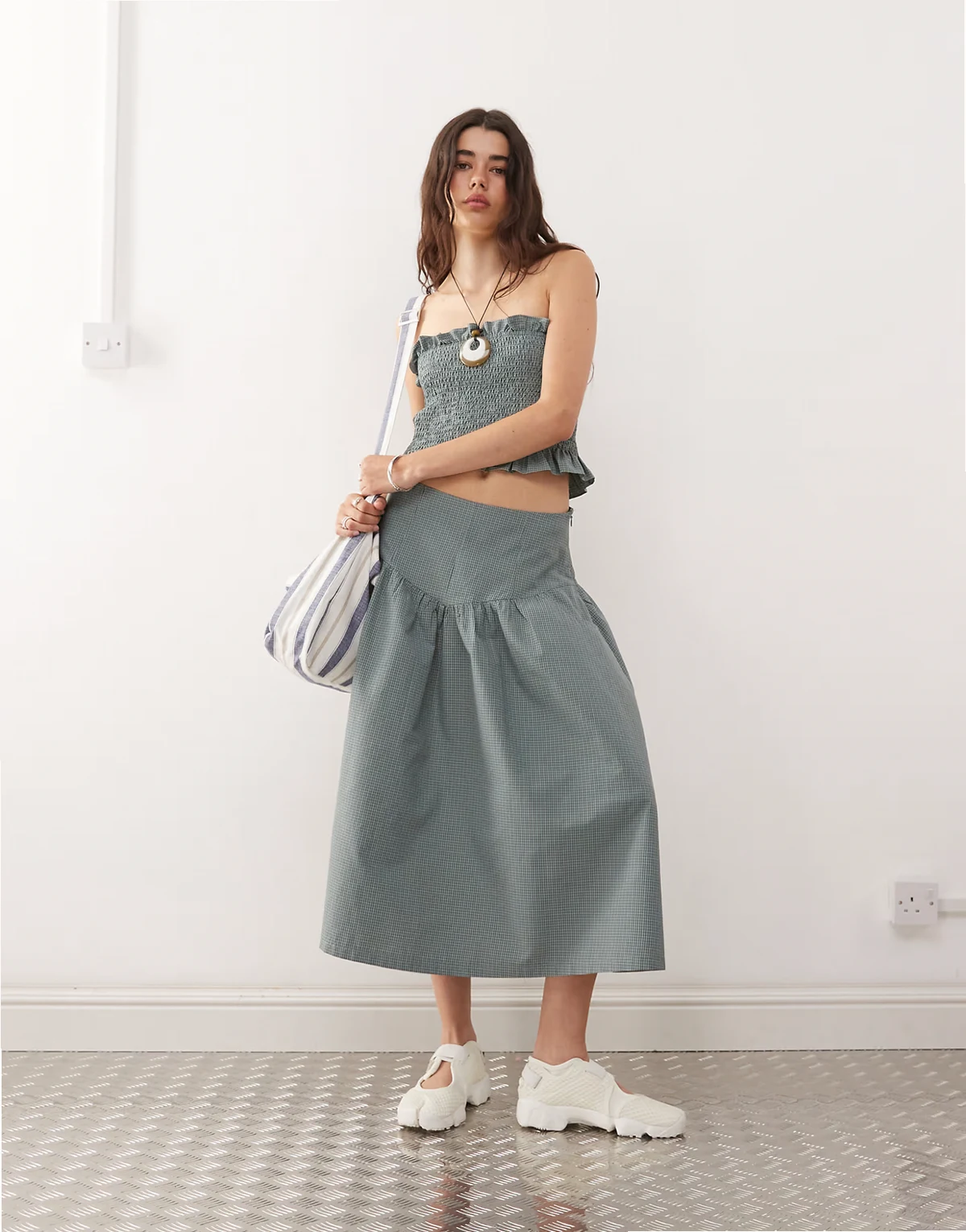 – Karierter Midirock in Grün im Festival-Look mit tiefer Taille, Kombiteil