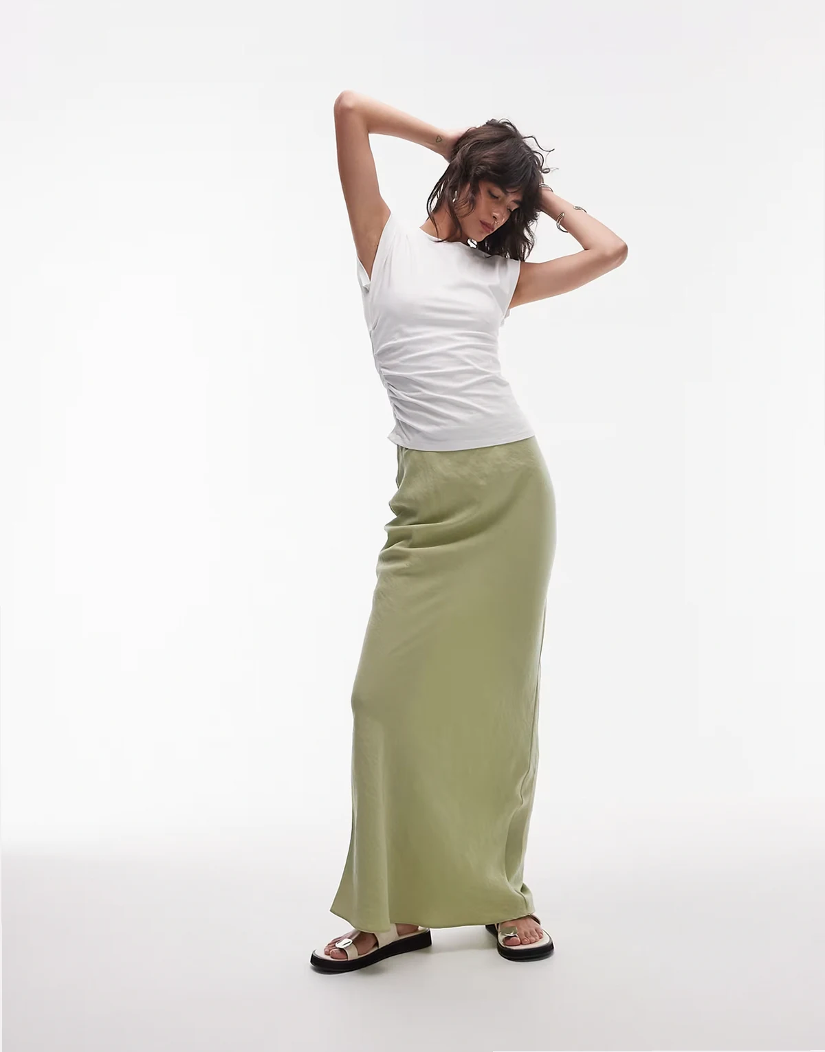 super soft cupro bias cut maxi skirt in olive