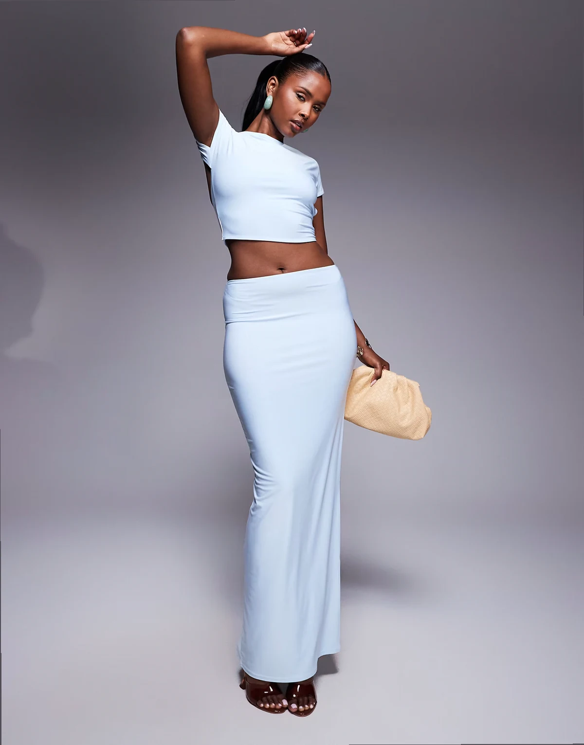 exclusive double layered slinky column maxi skirt in baby blue - part of a set