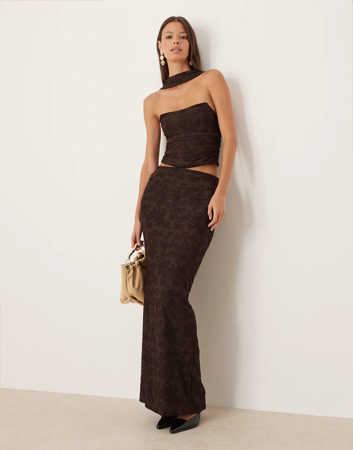 column maxi skirt in chocolate burnout floral - part of a set