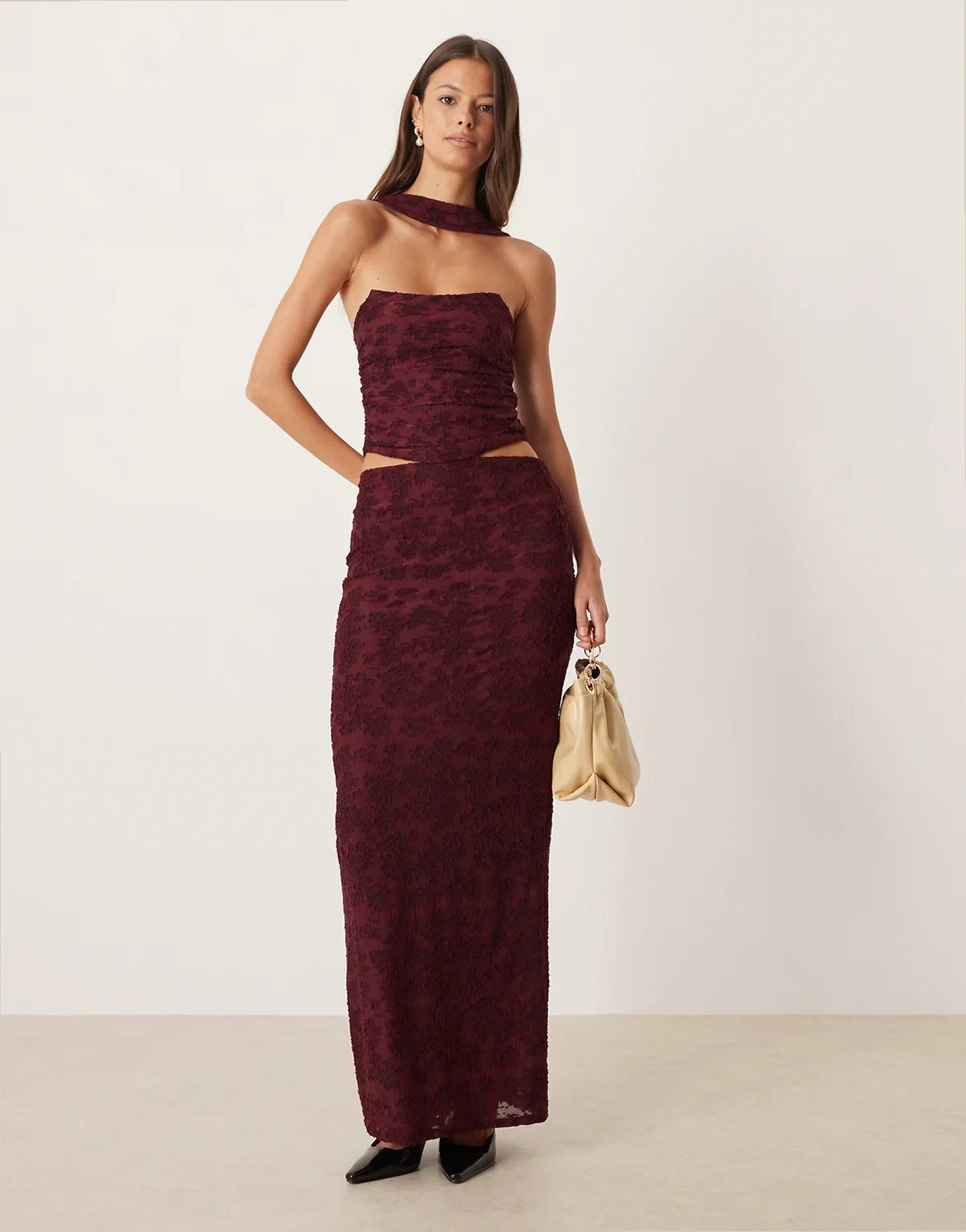 column maxi skirt in wine burnout floral - part of a set