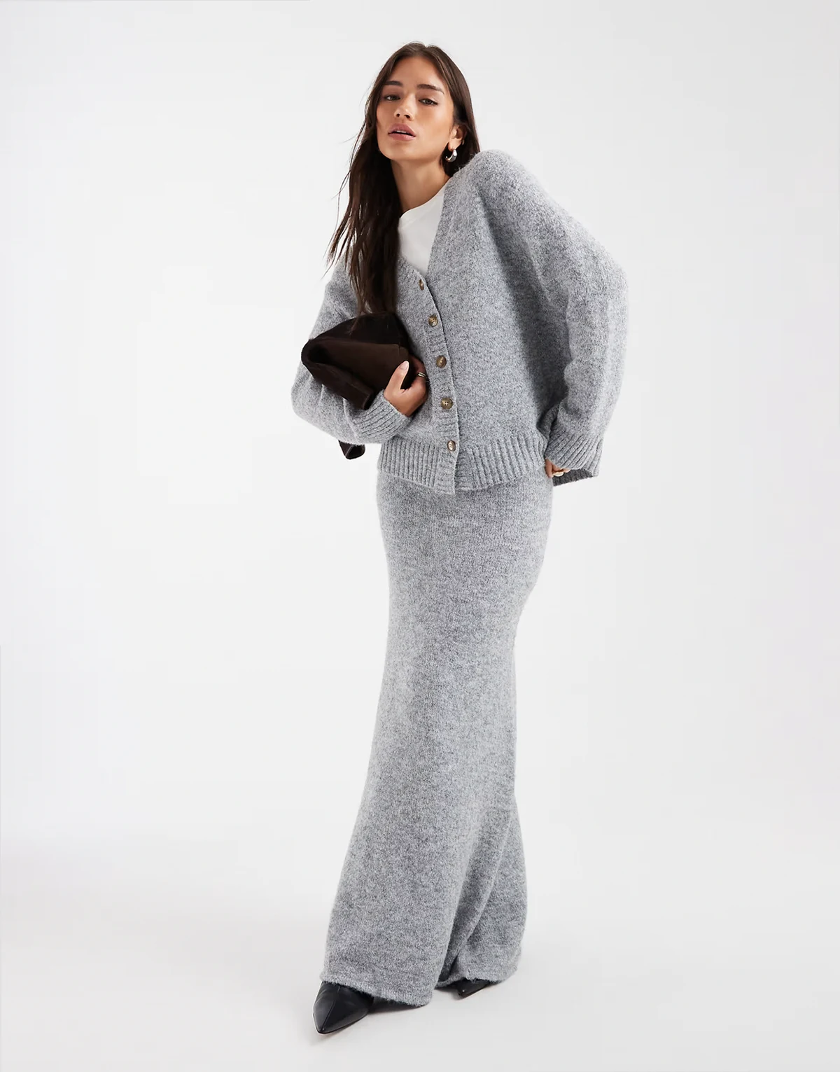 wool feel knit column maxi skirt in gray - part of a set