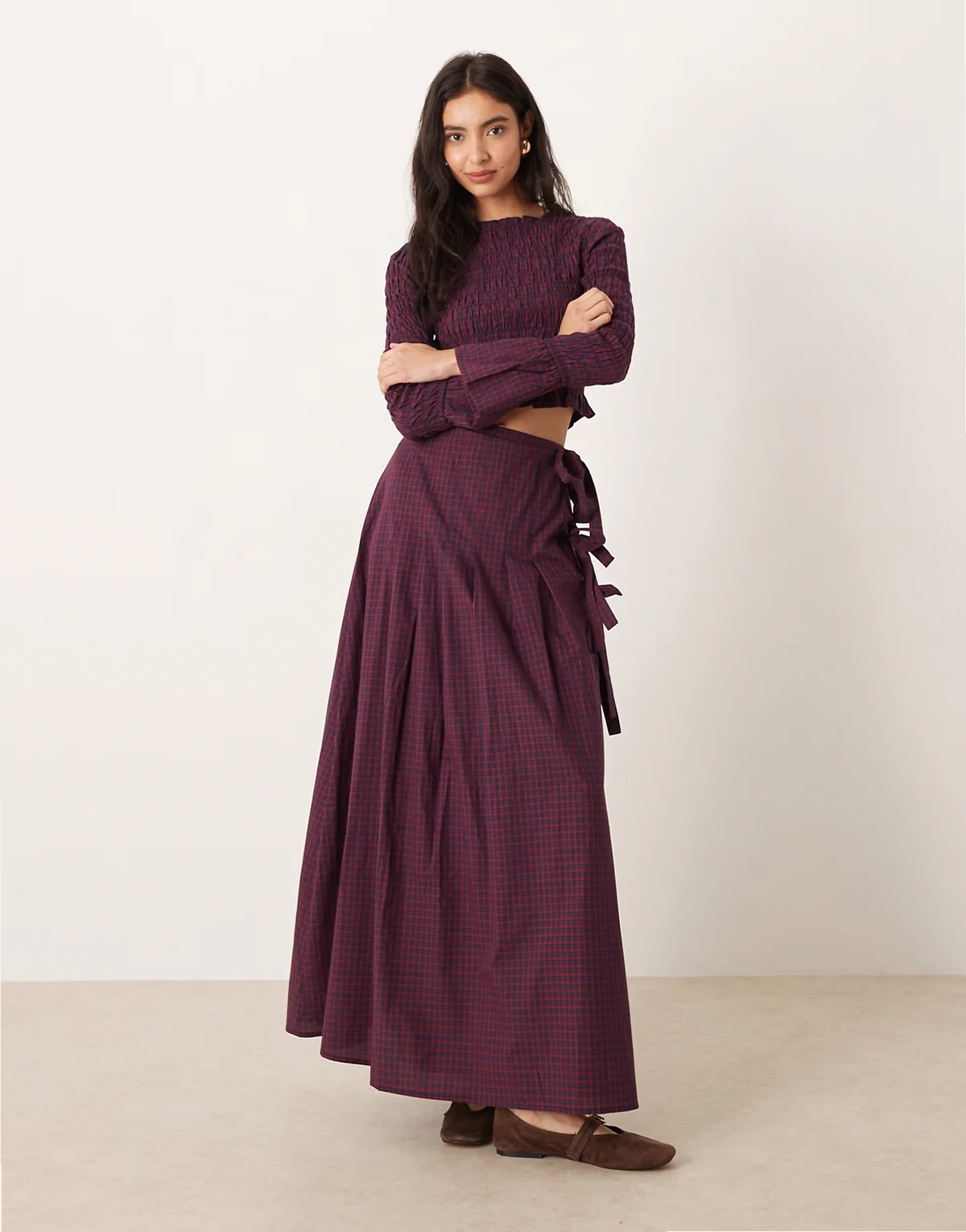 tie side kilt maxi skirt in red plaid - part of a set