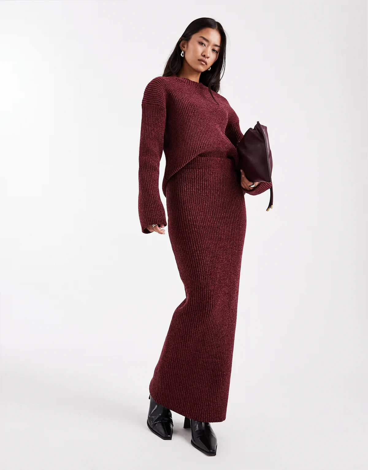 soft rib knit maxi skirt in burgundy - part of a set