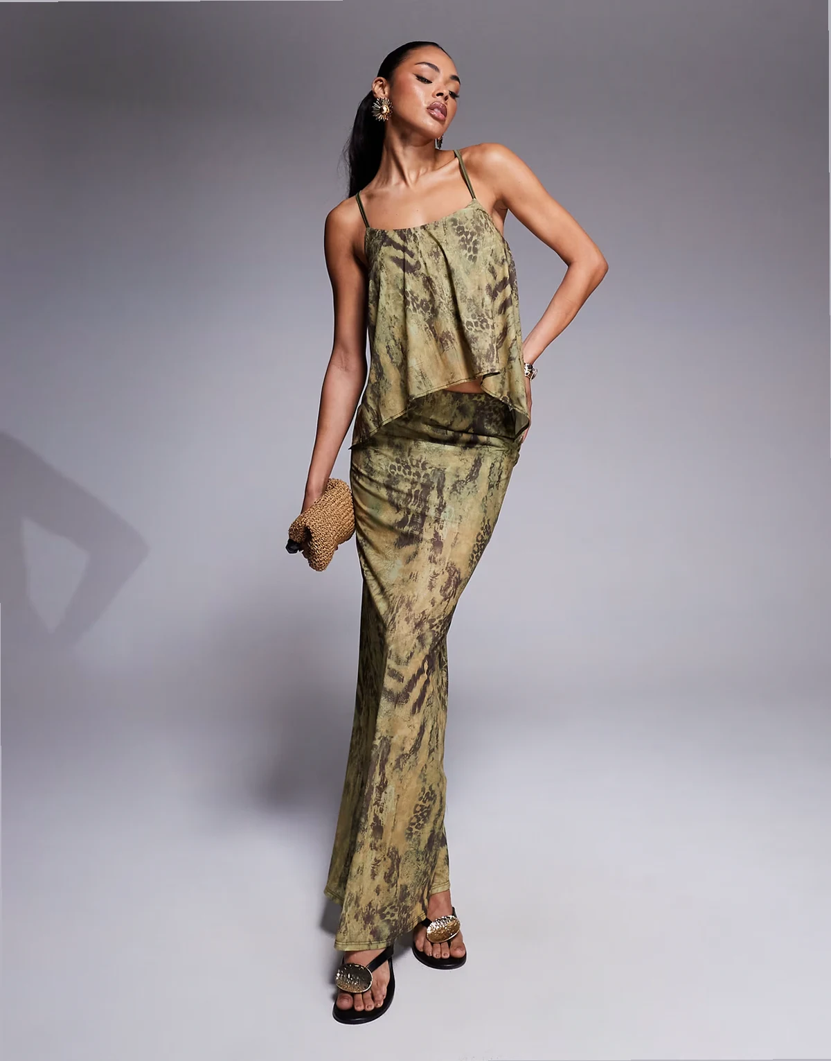 mesh maxi skirt with split in green animal print - part of a set