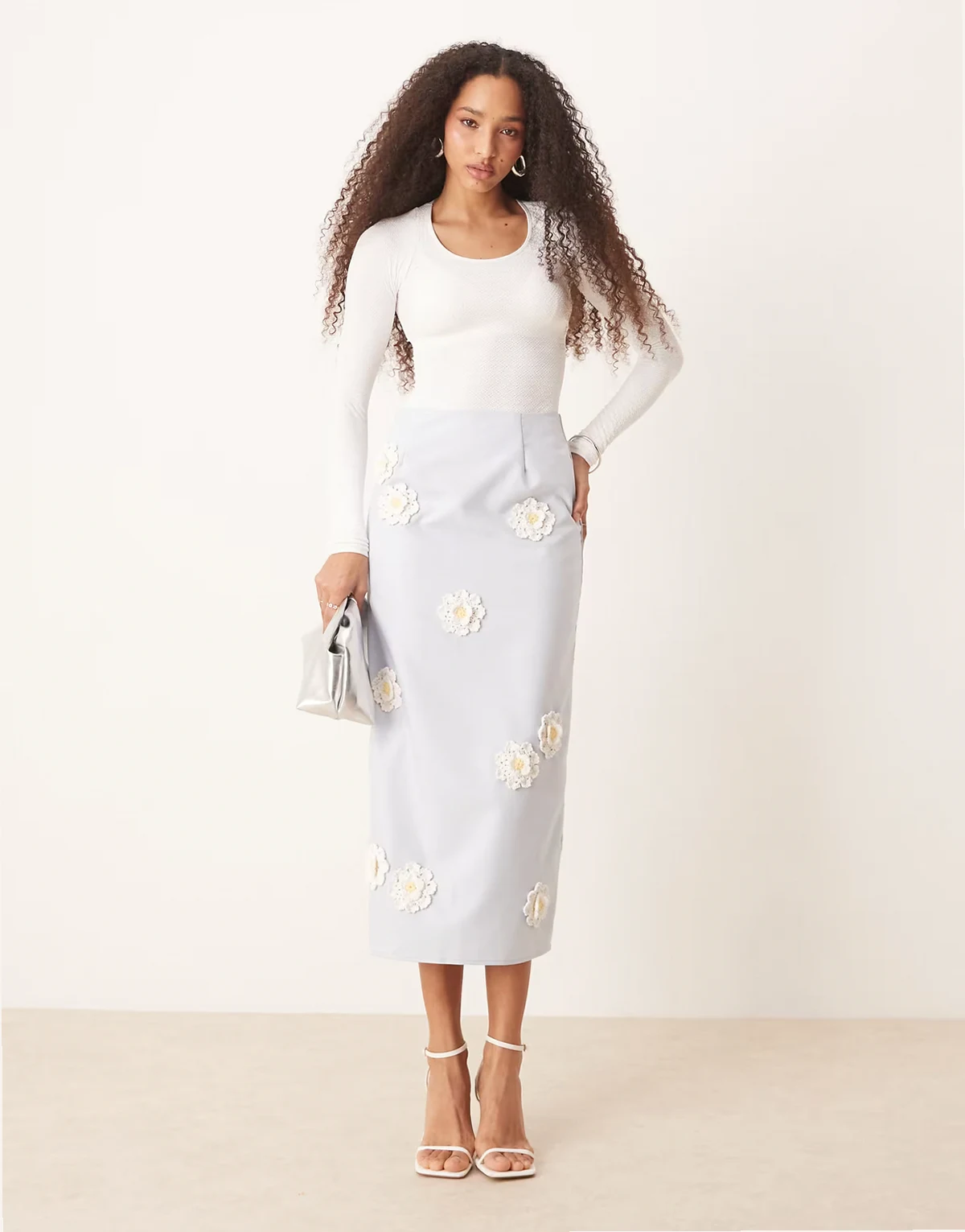 Dream Sister Jane flower embroidered midi skirt in pastel blue