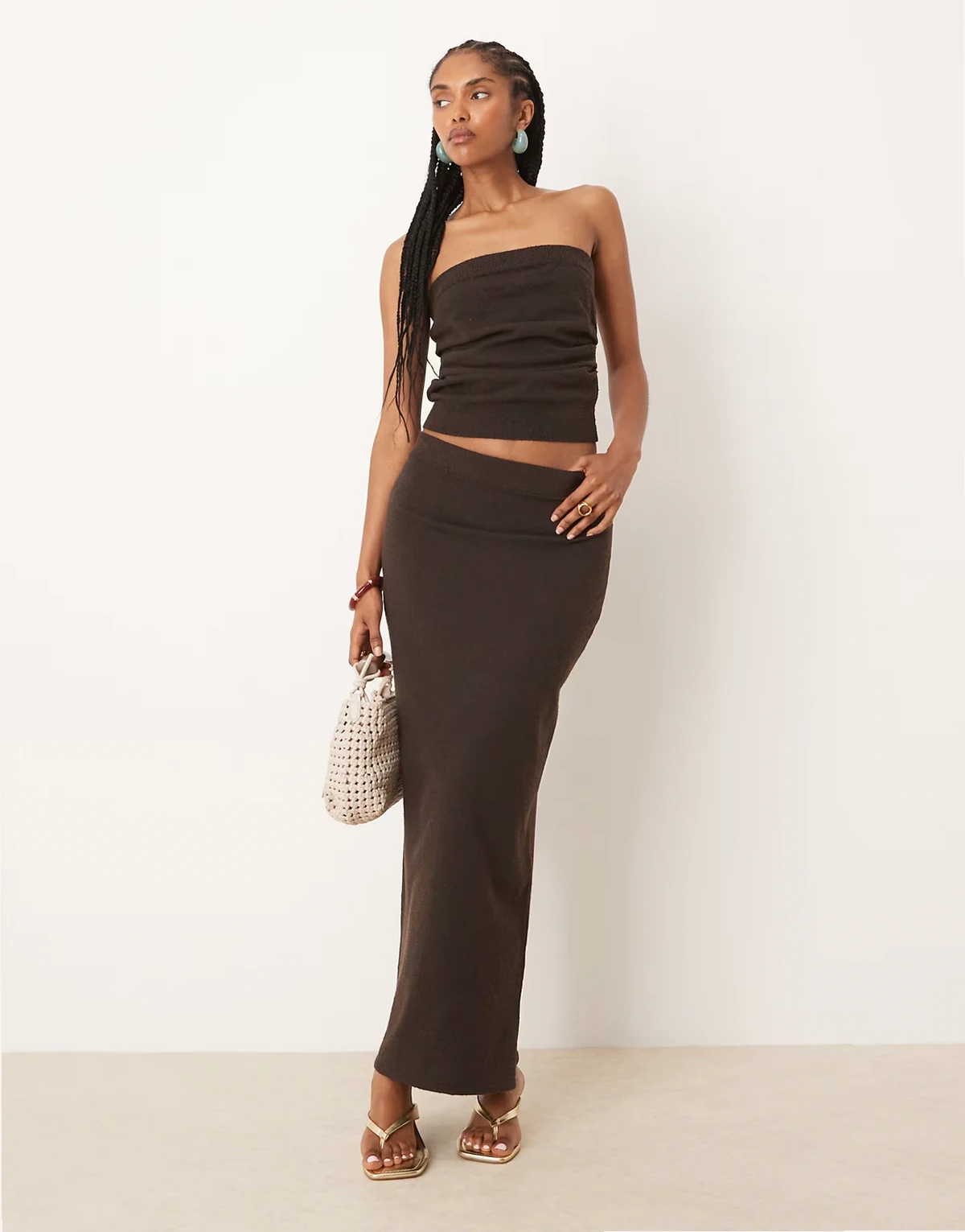 knit boucle midi skirt in chocolate - part of a set