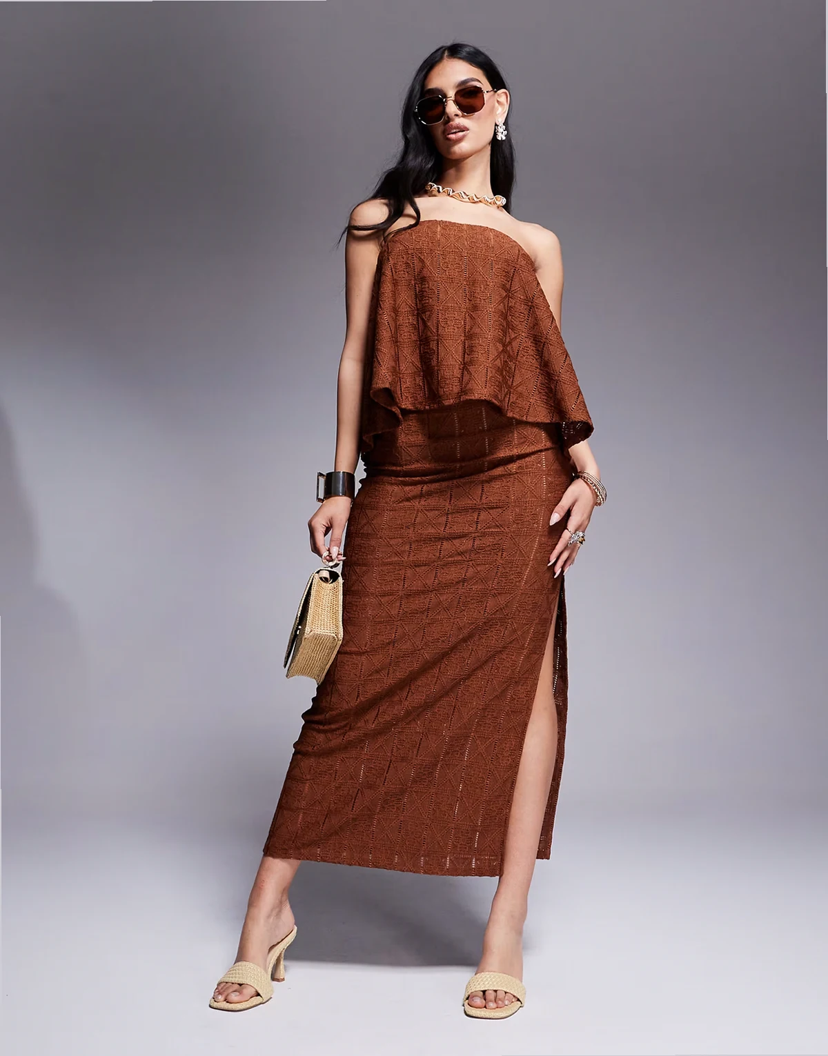 crochet midaxi skirt with side slit detail in chocolate - part of a set