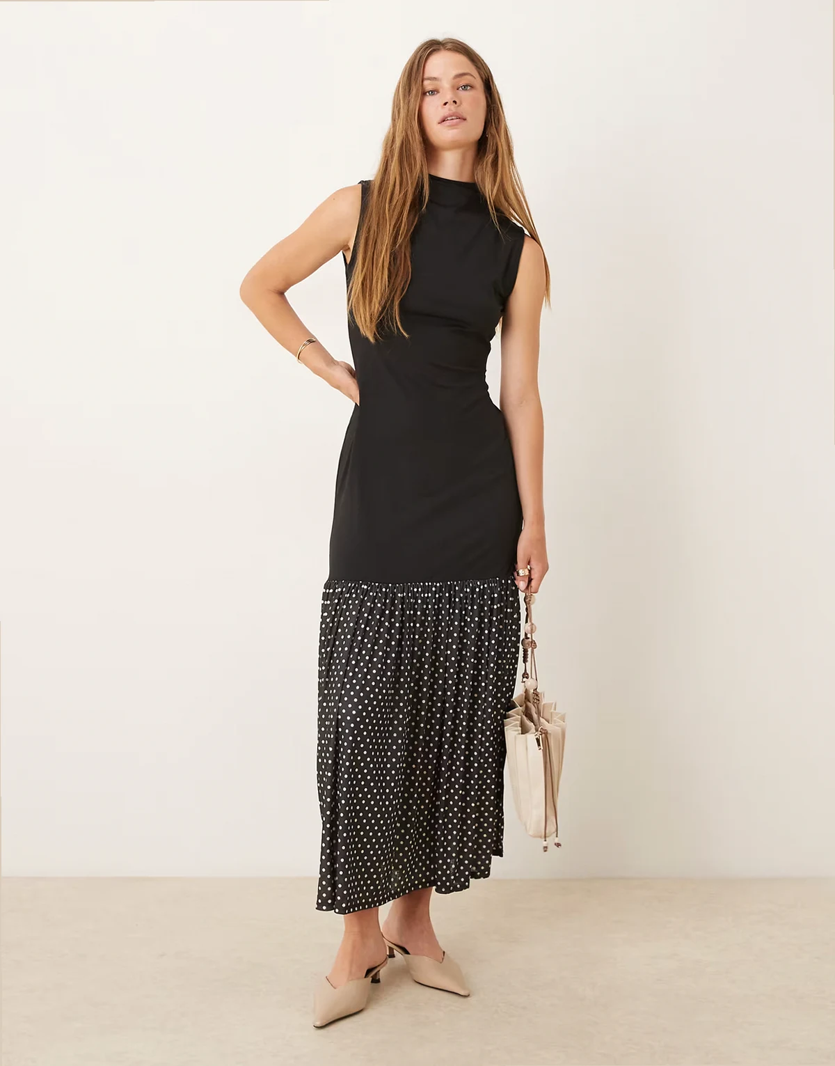– Hochgeschlossenes Hybrid-Maxikleid mit bedrucktem Rock