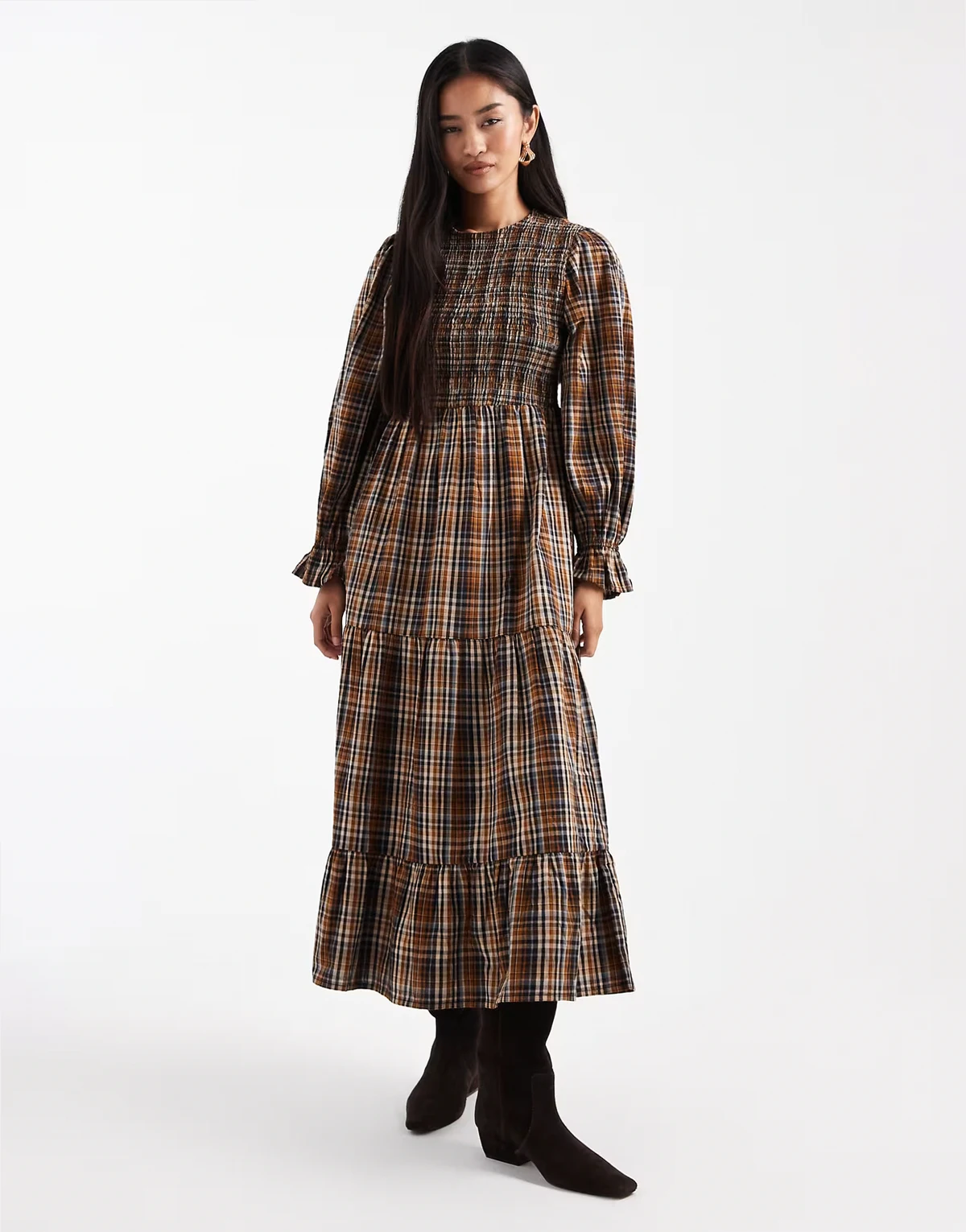 plaid shirred detail midaxi smock dress in multi