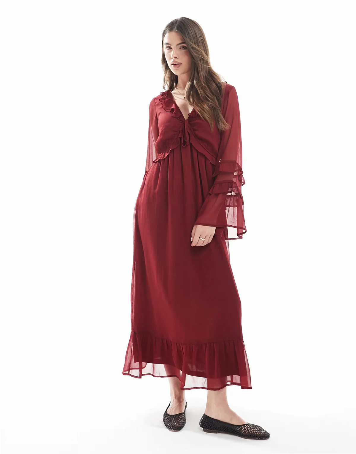 floaty V-neck midaxi dress in burgundy