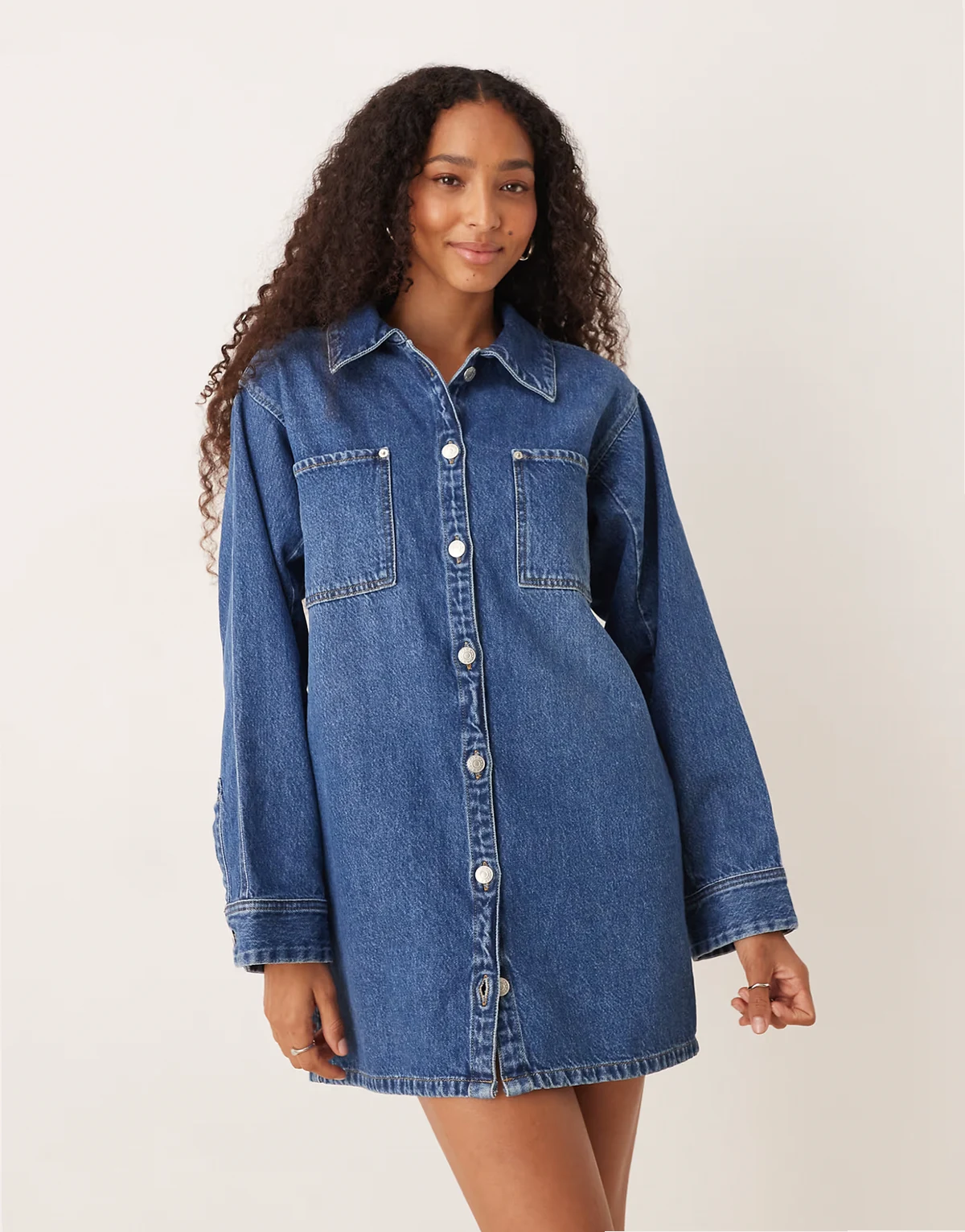 oversized long sleeve denim dress in mid blue wash