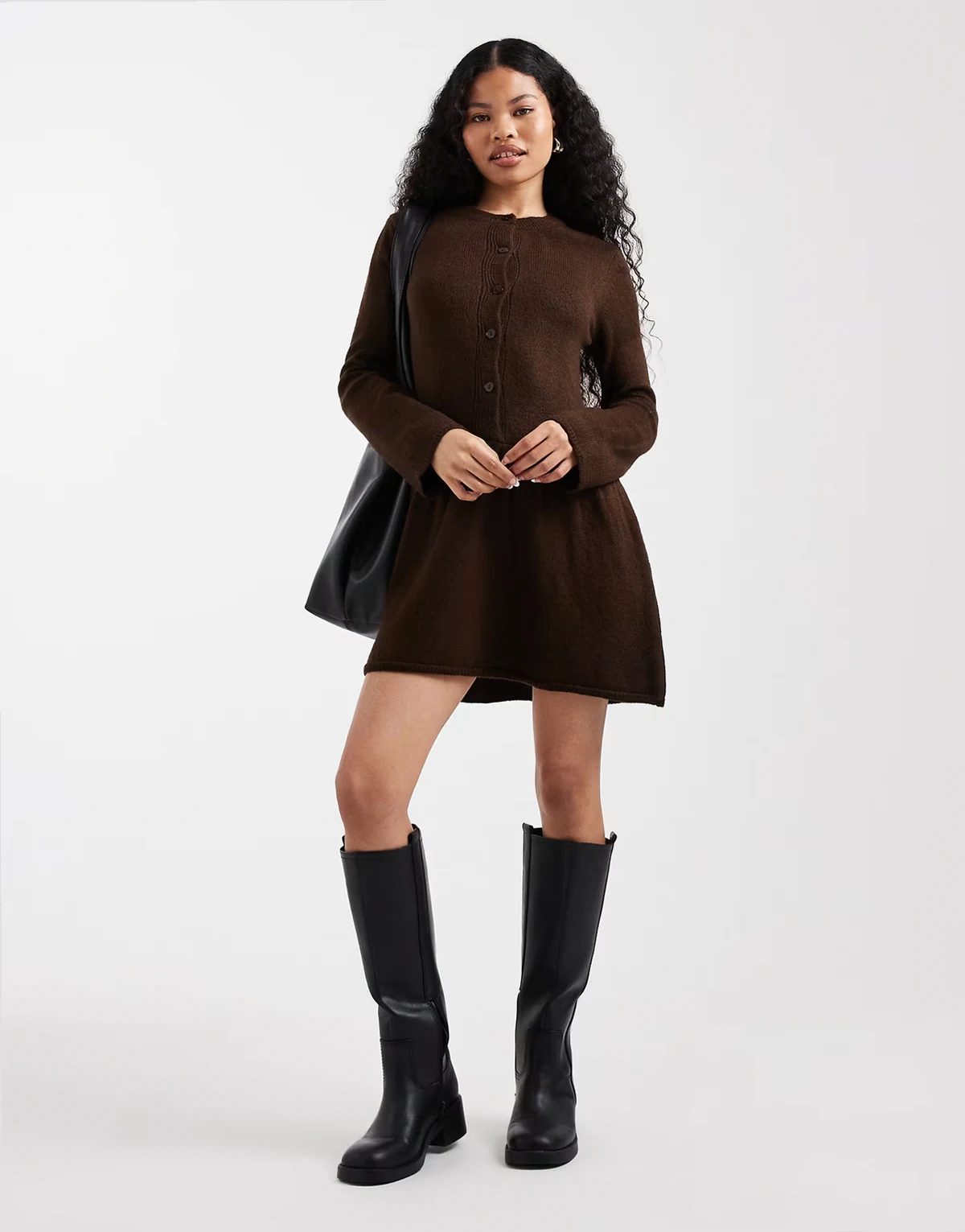 soft knitted button front mini dress in chocolate melange
