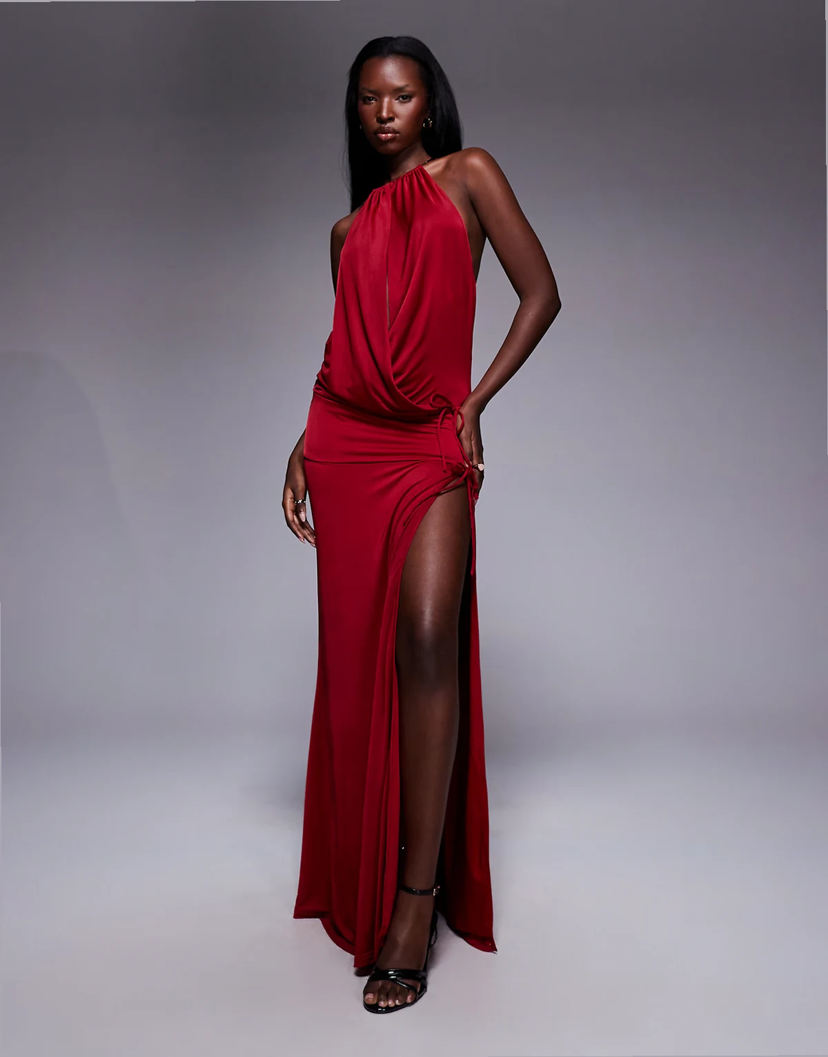 Tarrin metal halterneck ring detail extreme plunge neck tie side maxi dress in red
