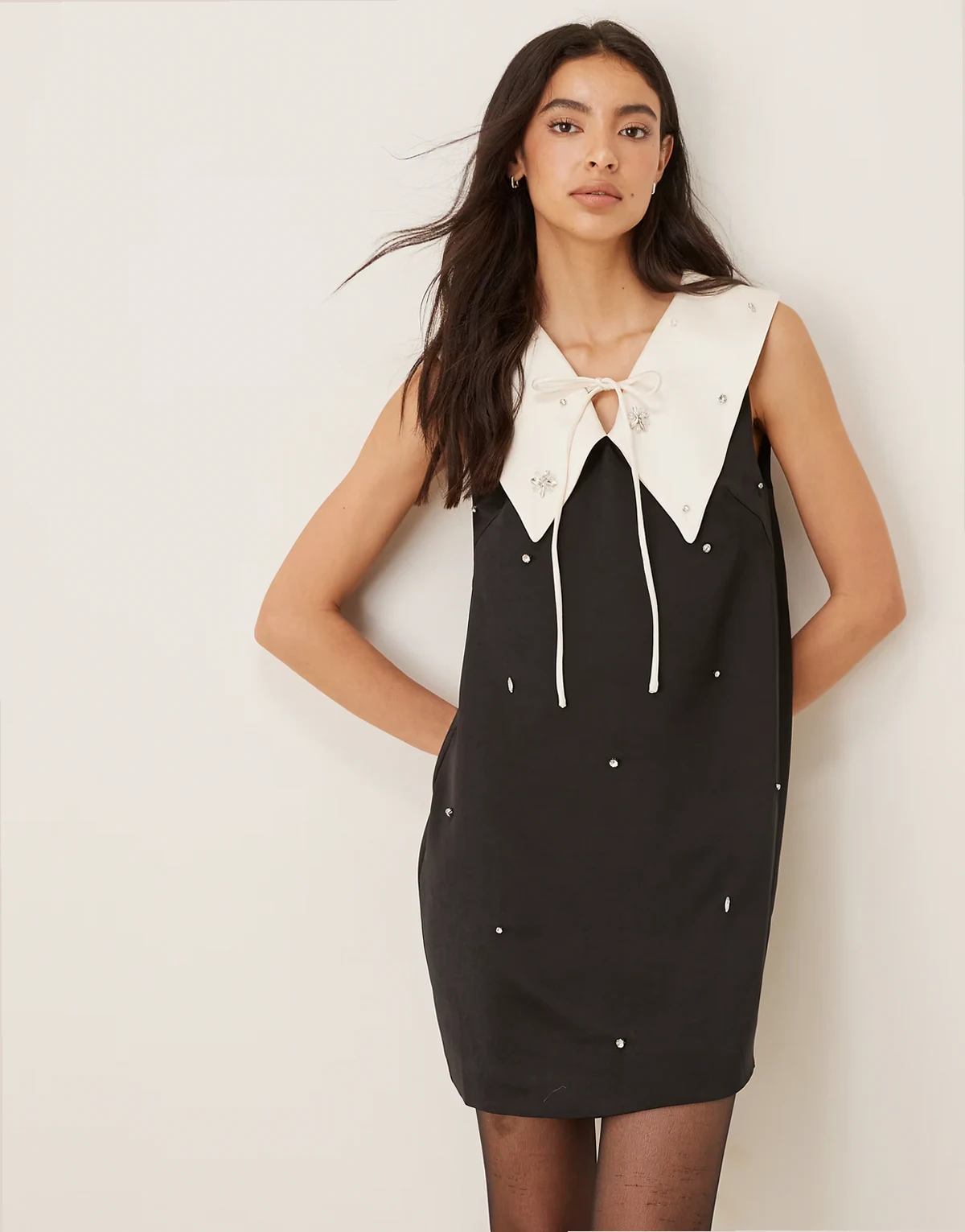 Dream Sister Jane sleeveless embellished mini dress with contrast white collar in black