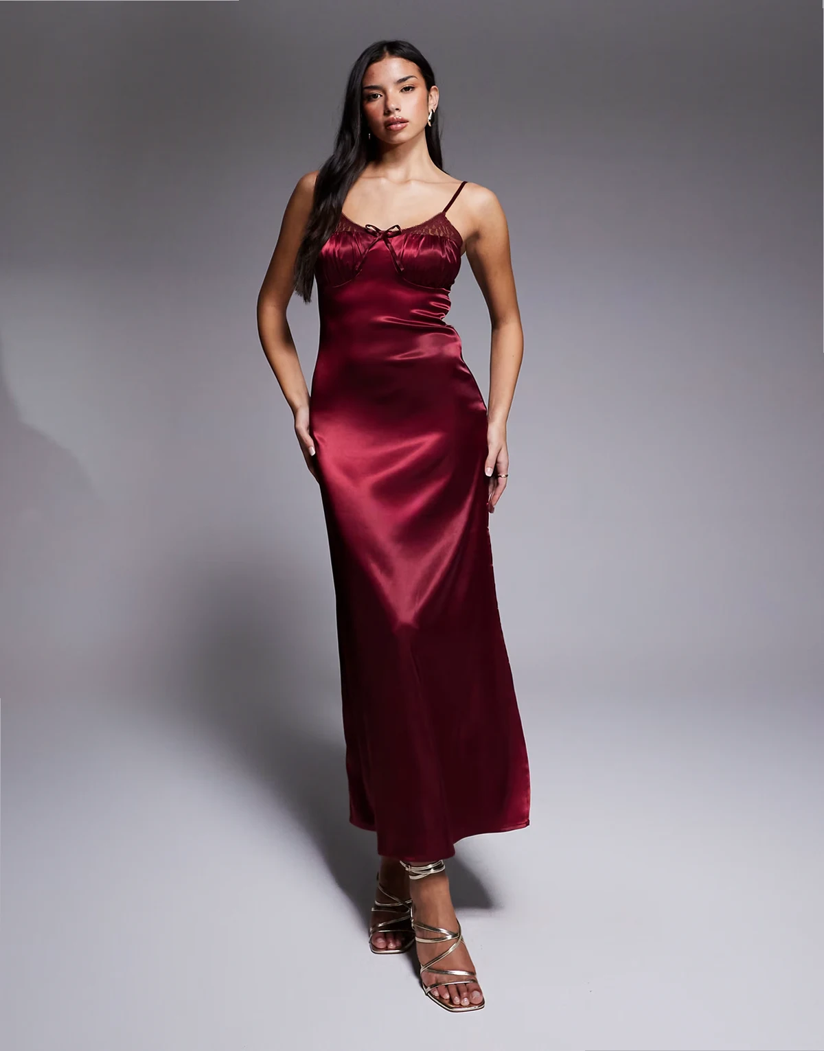 satin strappy maxi dress with lace detailing in burgundy