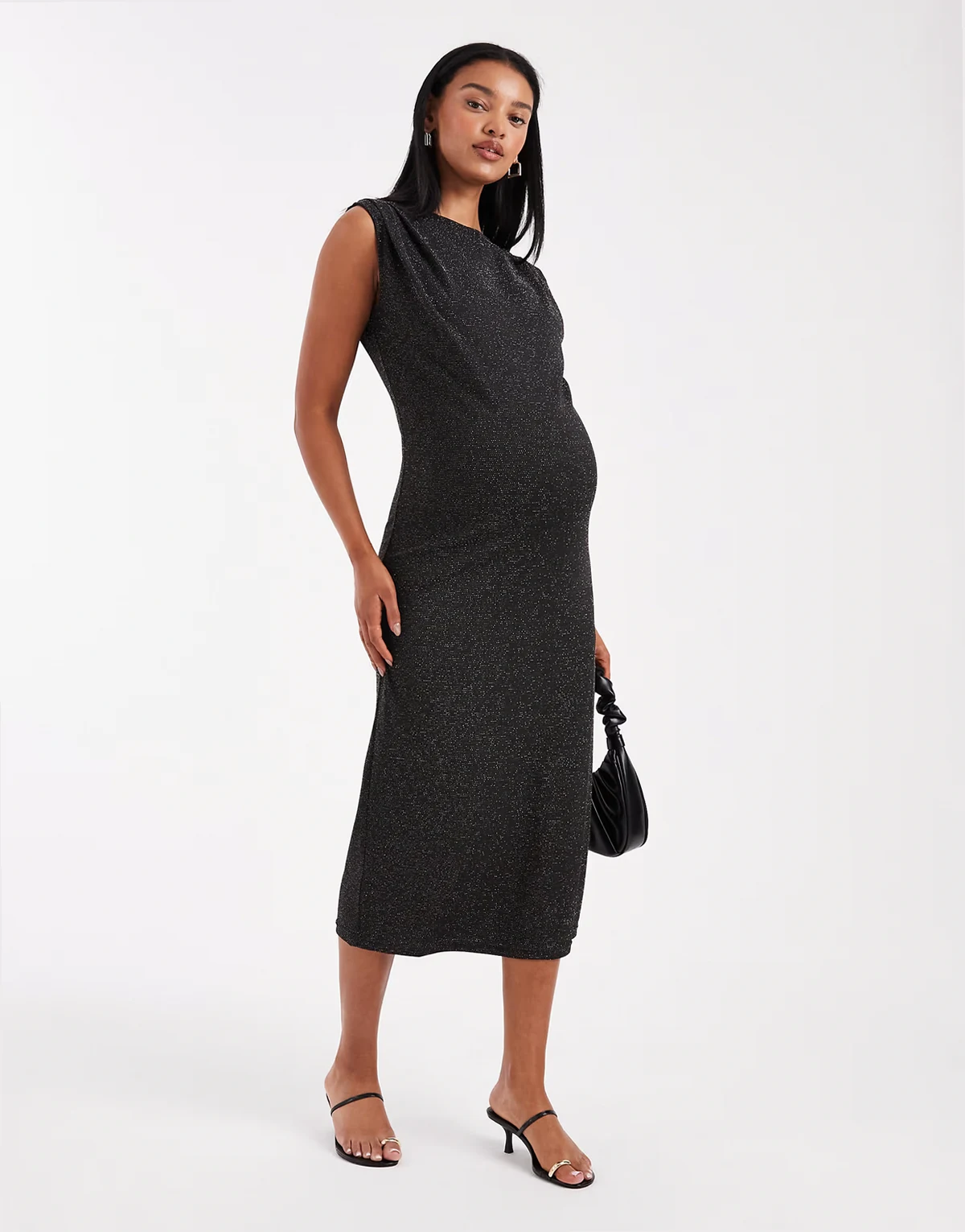 Mamalicious Maternity – Ärmelloses Glitzer-Midikleid in Schwarz und Silber mit U-Boot-Ausschnitt, Umstandsmode