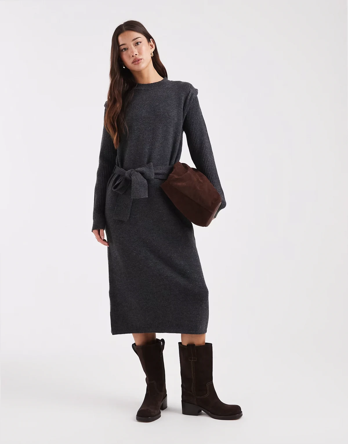 knit belted midi dress with folded shoulder detailing in dark heather gray