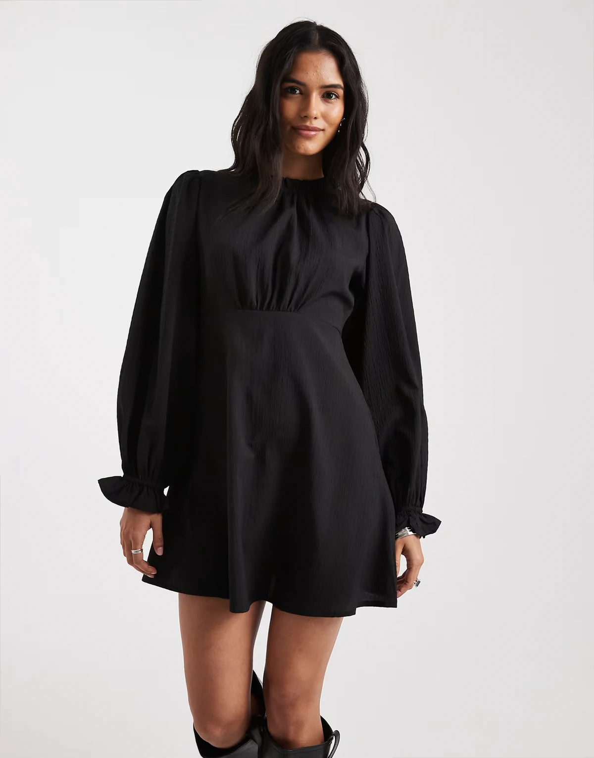 textured seam detailing mini dress in black