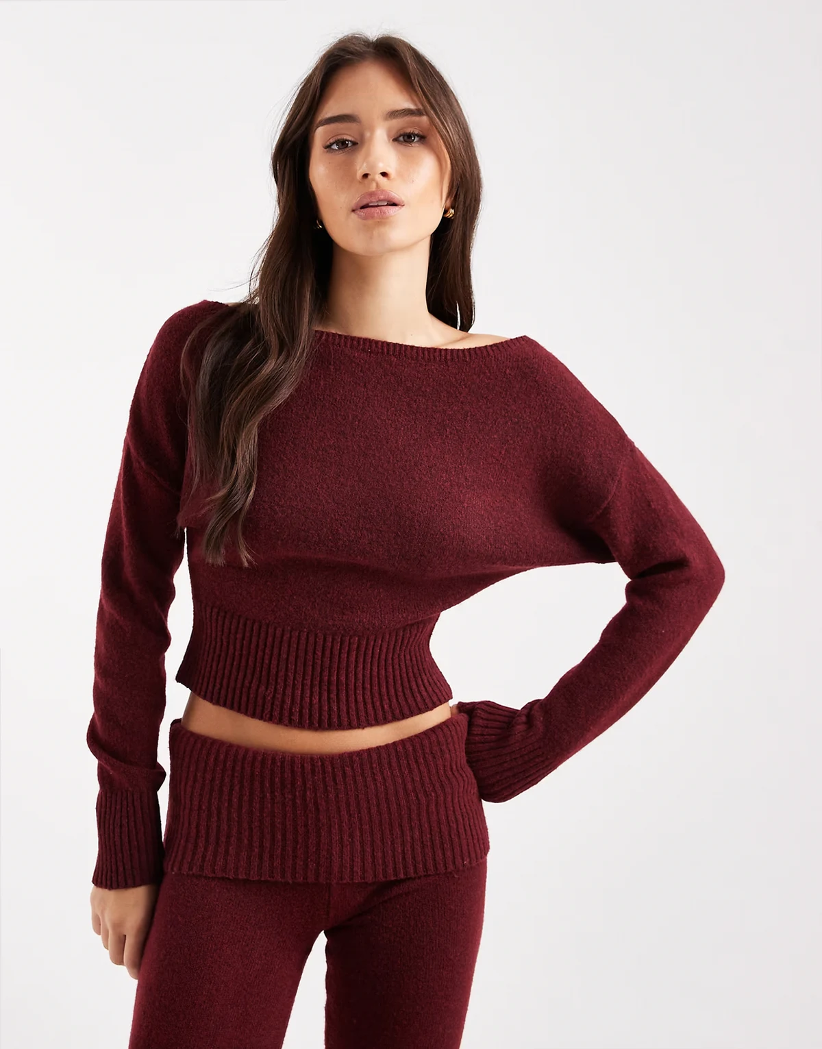 lounge off the shoulder cropped knit sweater in burnt apple