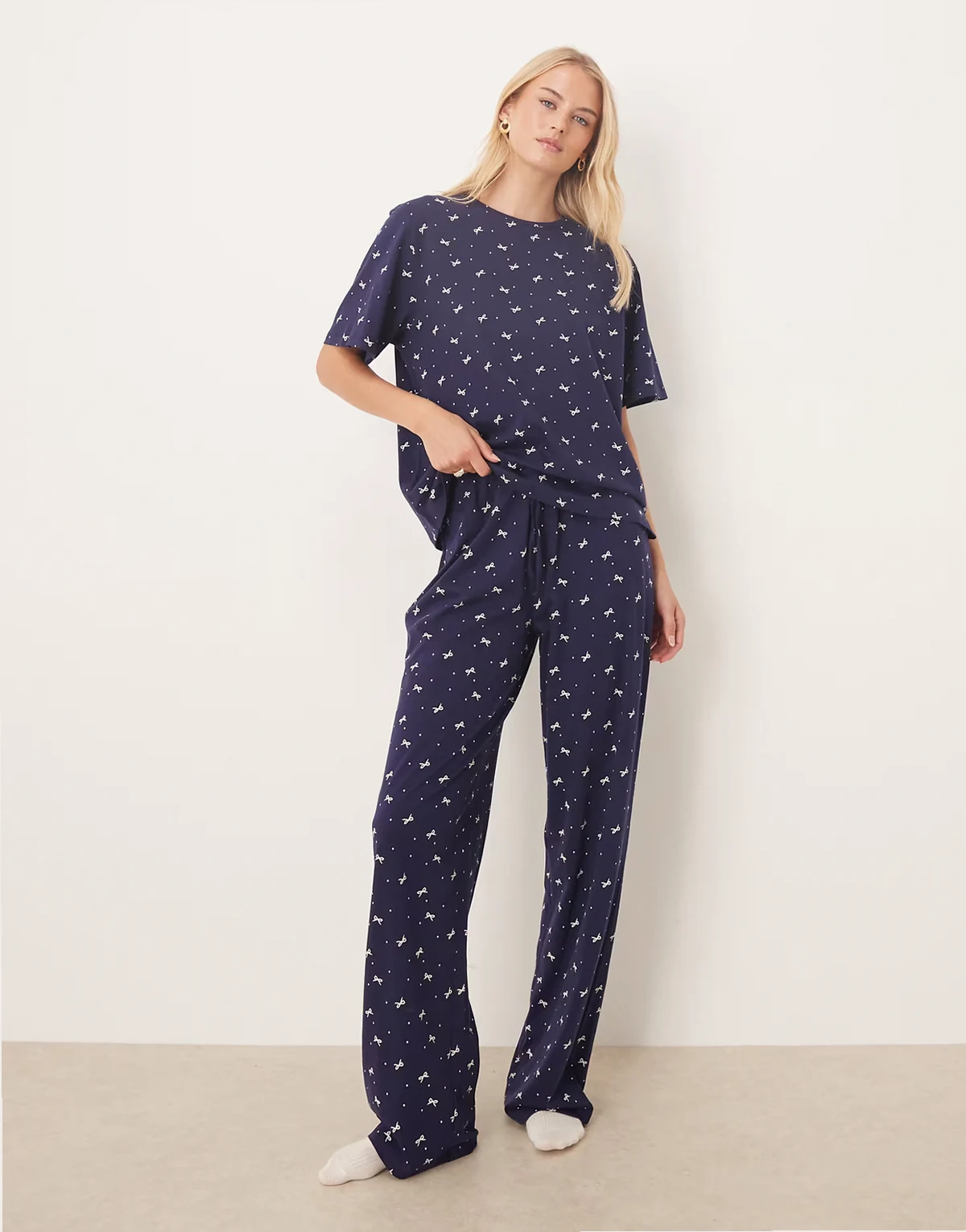 ASOS DESIGN Tall mix & match cotton pajama pants in navy bow print