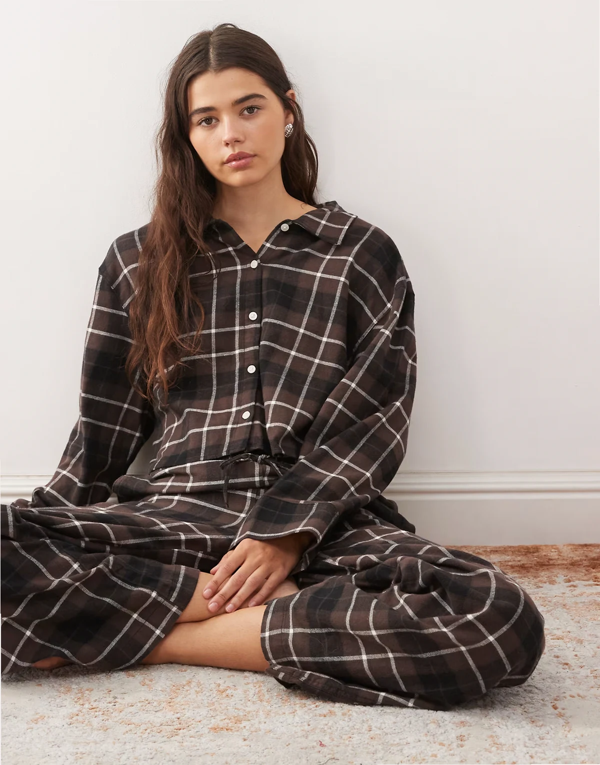 mix and match flannel pajama shirt top in brown check