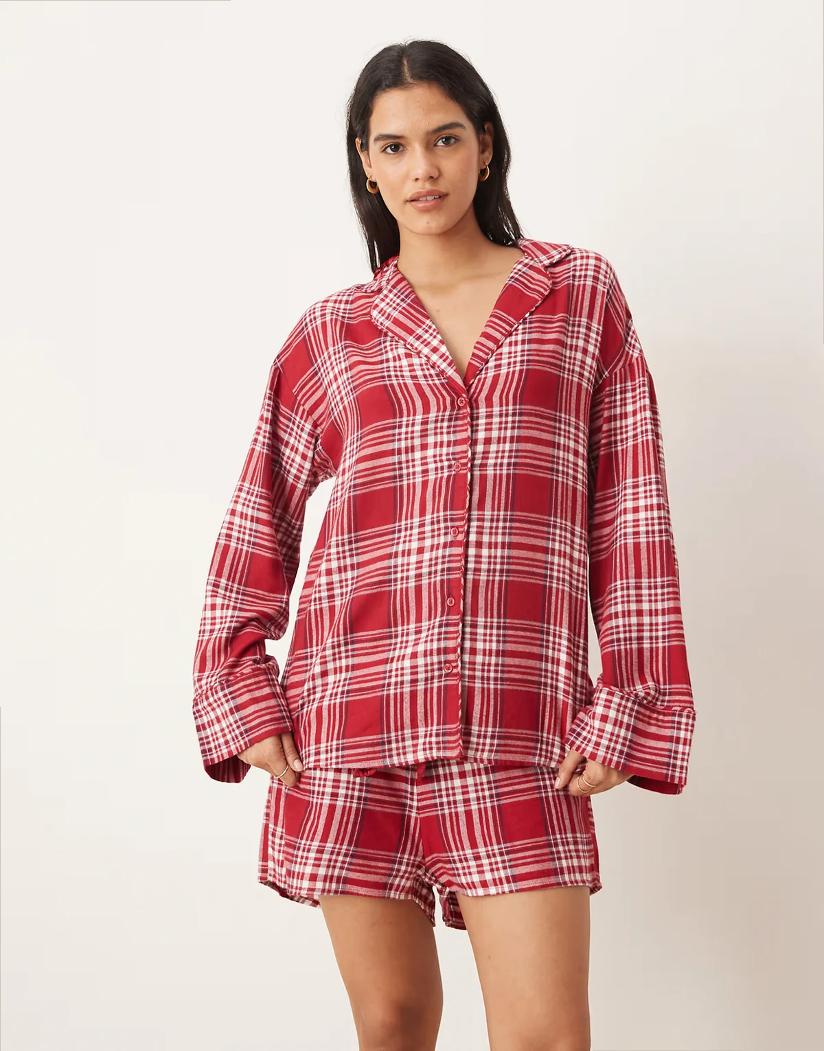mix and match flannel pajama shirt in red plaid