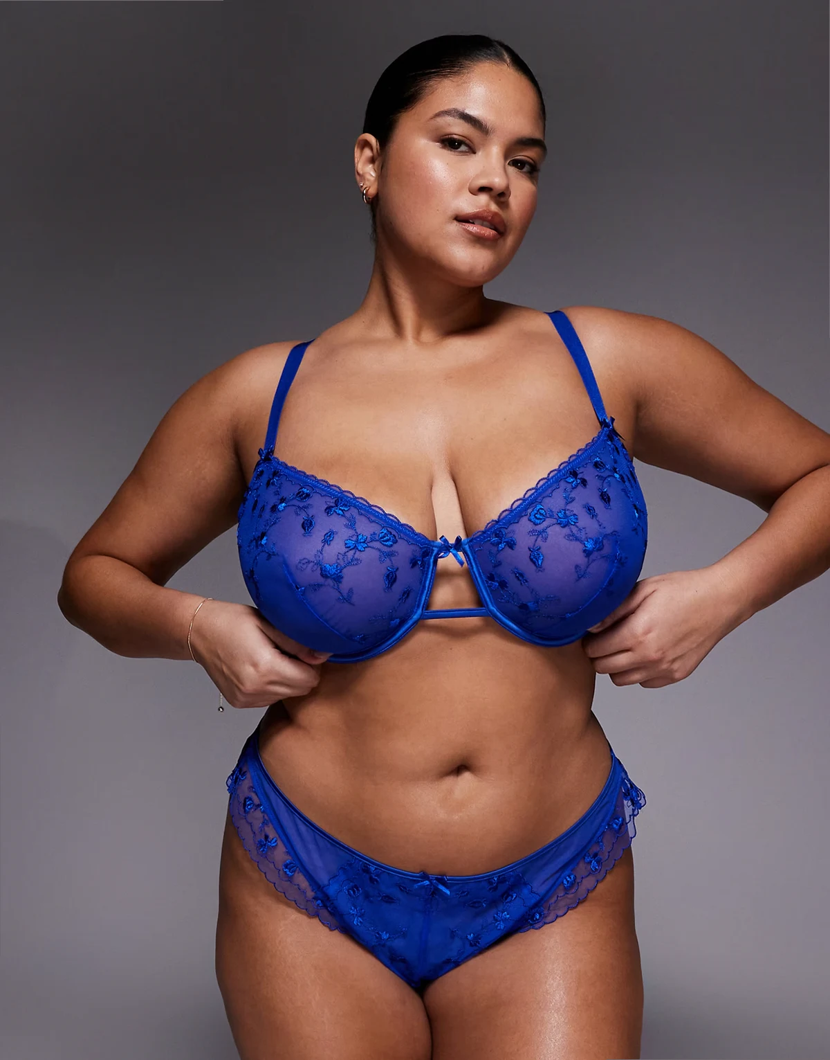 ASOS DESIGN Curve Valentina floral embroidered underwire bra with satin binding in cobalt blue