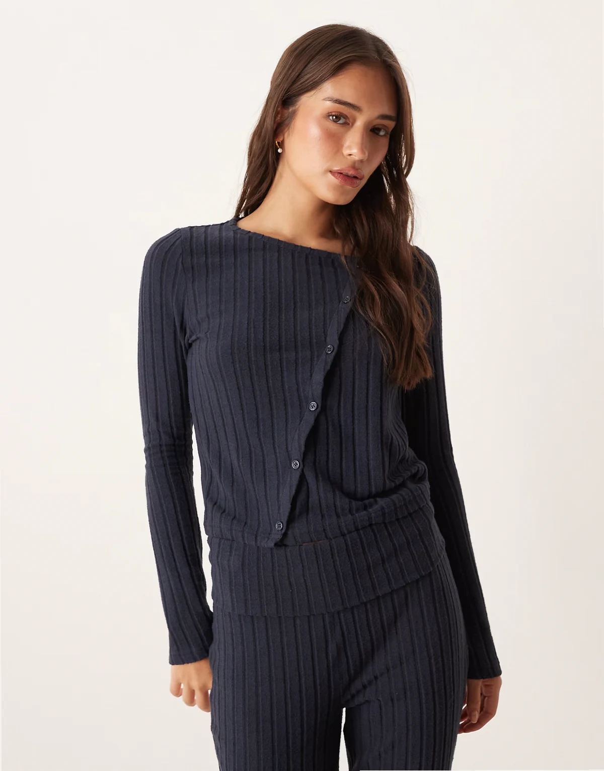 wide rib knit asymmetric cardigan in navy