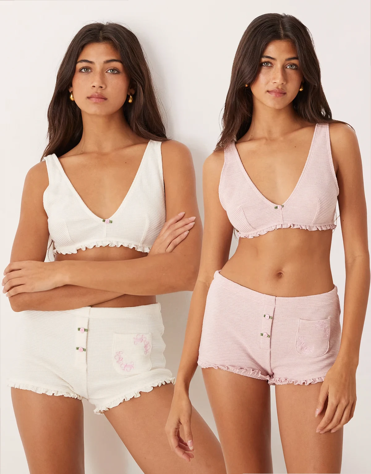 2 pack waffle high apex soft bra with rosebud detail in rose and cream