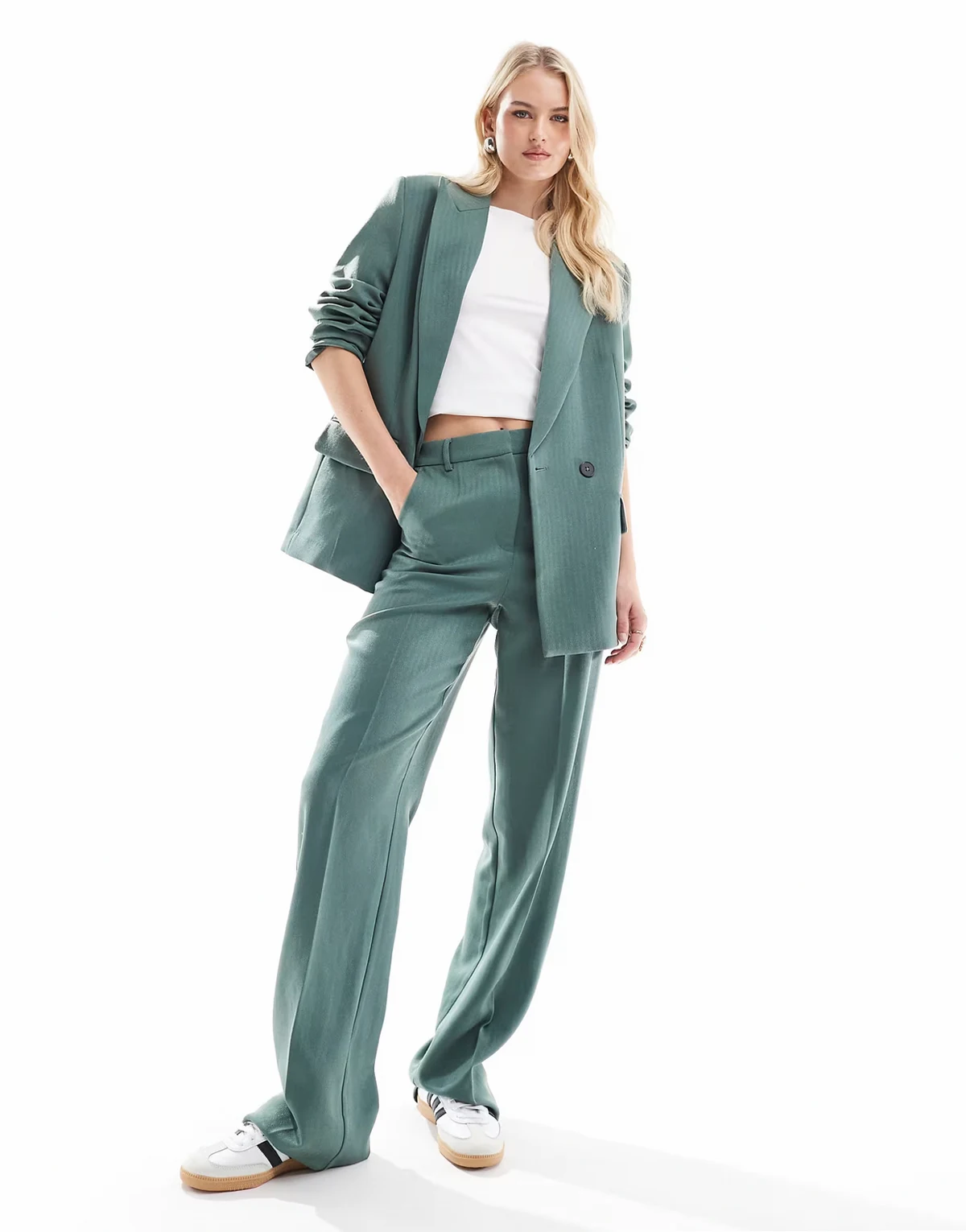 tailored herringbone blazer and pants set in forest green