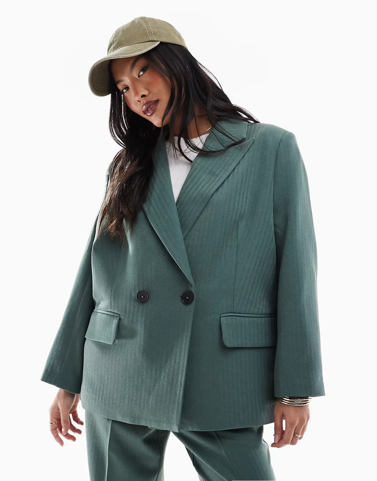 tailored herringbone blazer and wide leg pants set in dark forest green