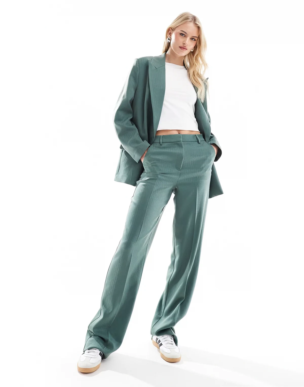tailored herringbone wide leg pants in dark forest green - part of a set