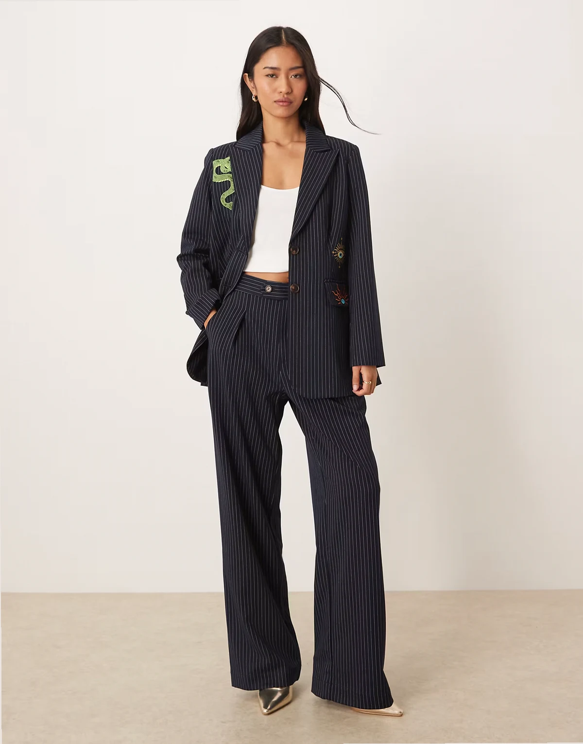 wide leg tailored pants in navy pinstripe - part of a set