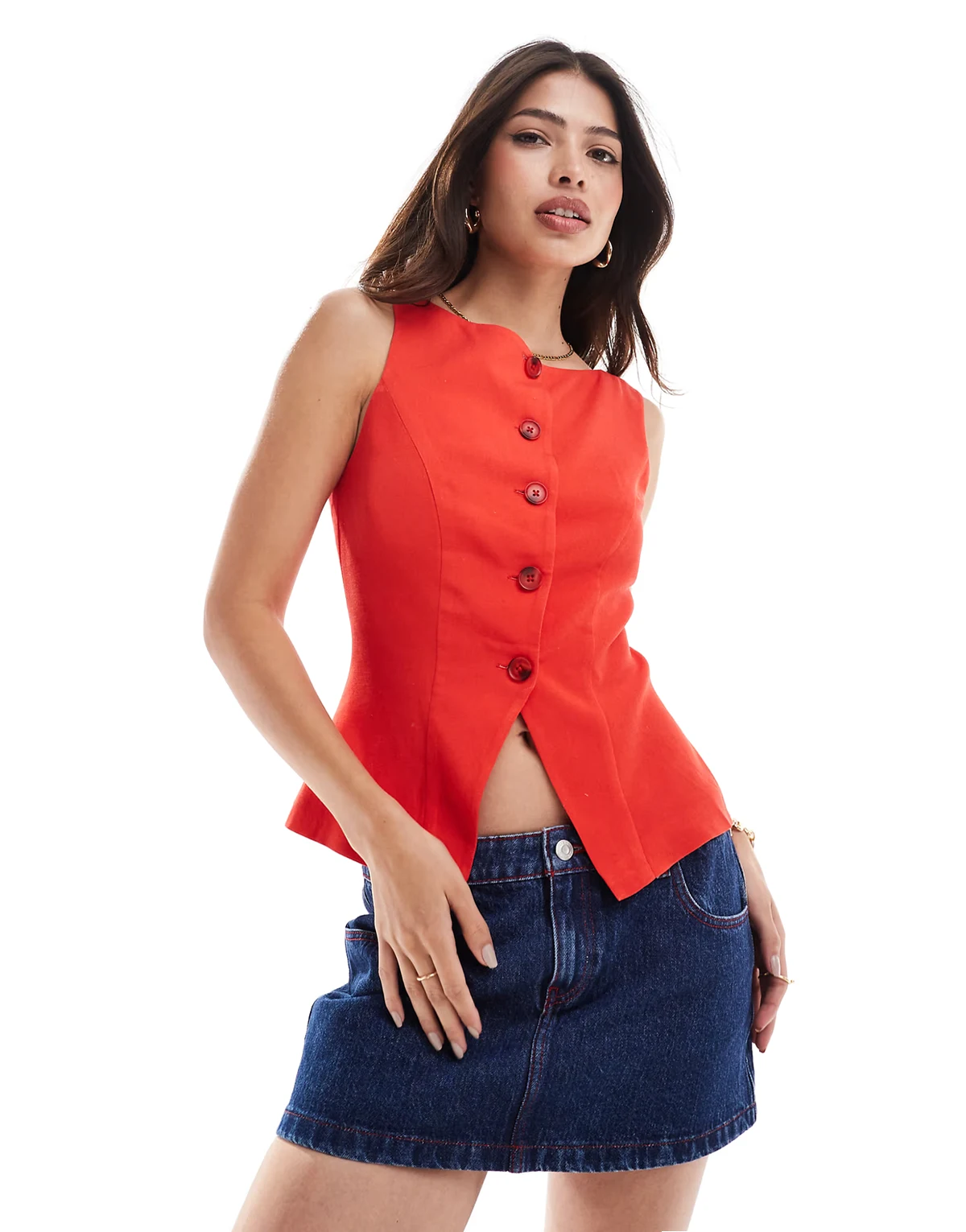 linen blend longline vest in red