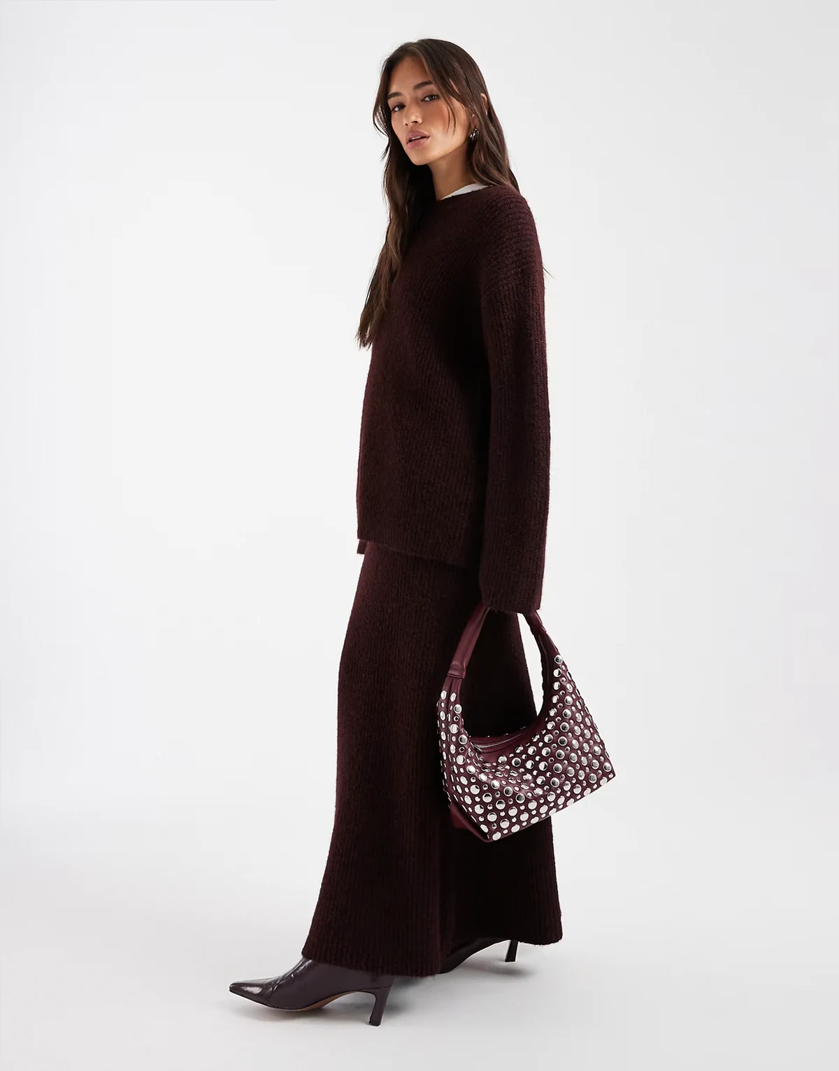 wool feel ribbed knit wide sleeve oversized sweater in plum - part of a set