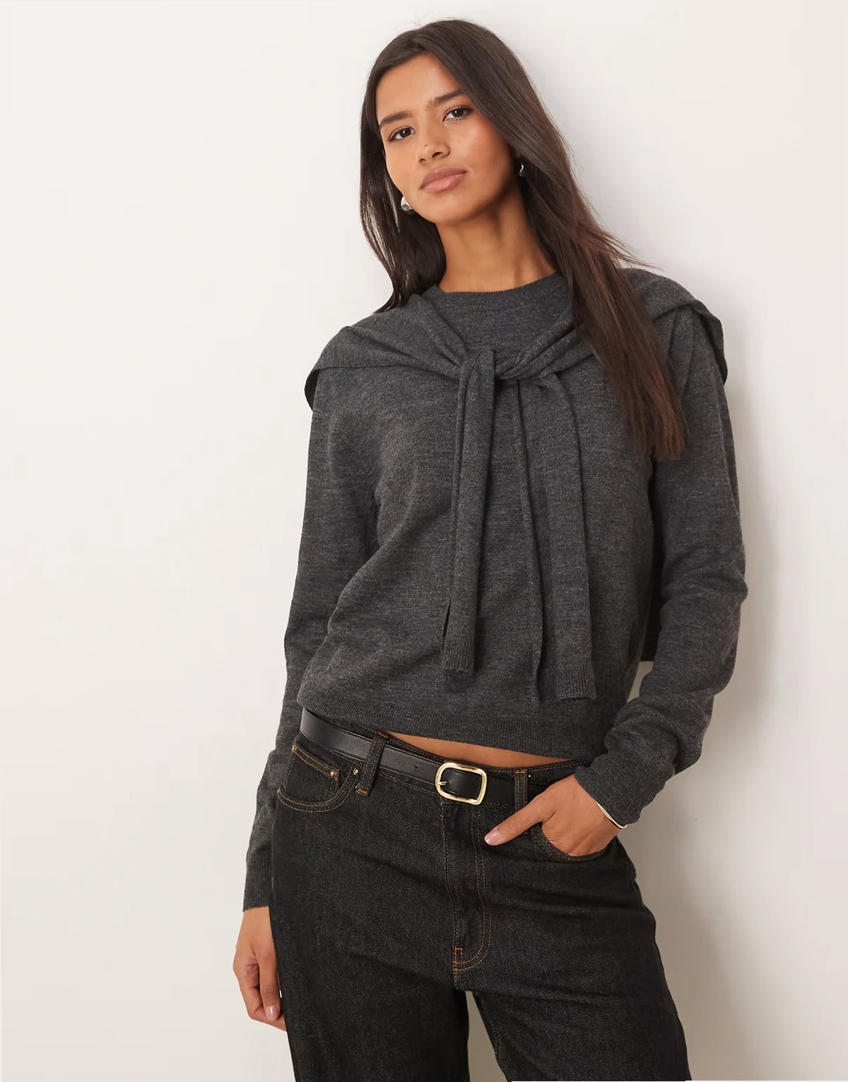 – Wollmix-Pullover in Anthrazit mit abnehmbarem Overlay