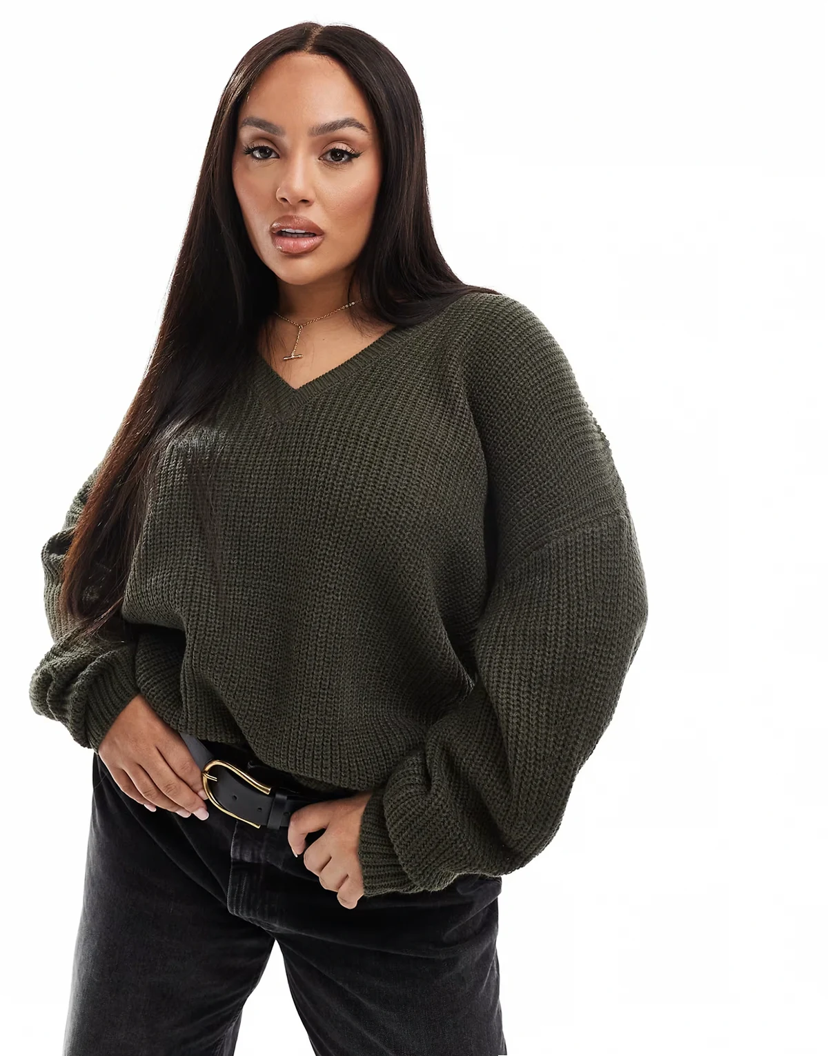 Exclusive – Sweter z dekoltem w szpic w kolorze khaki