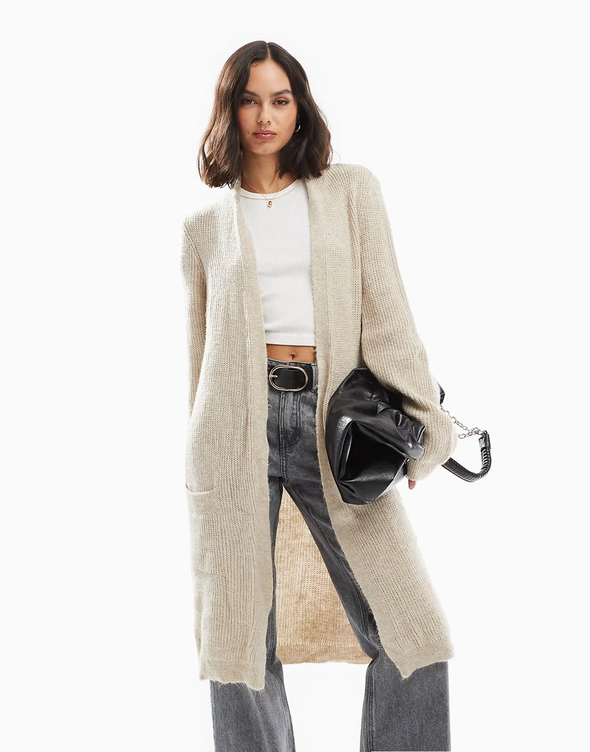 – Offene Longline-Strickjacke in Hellbeige