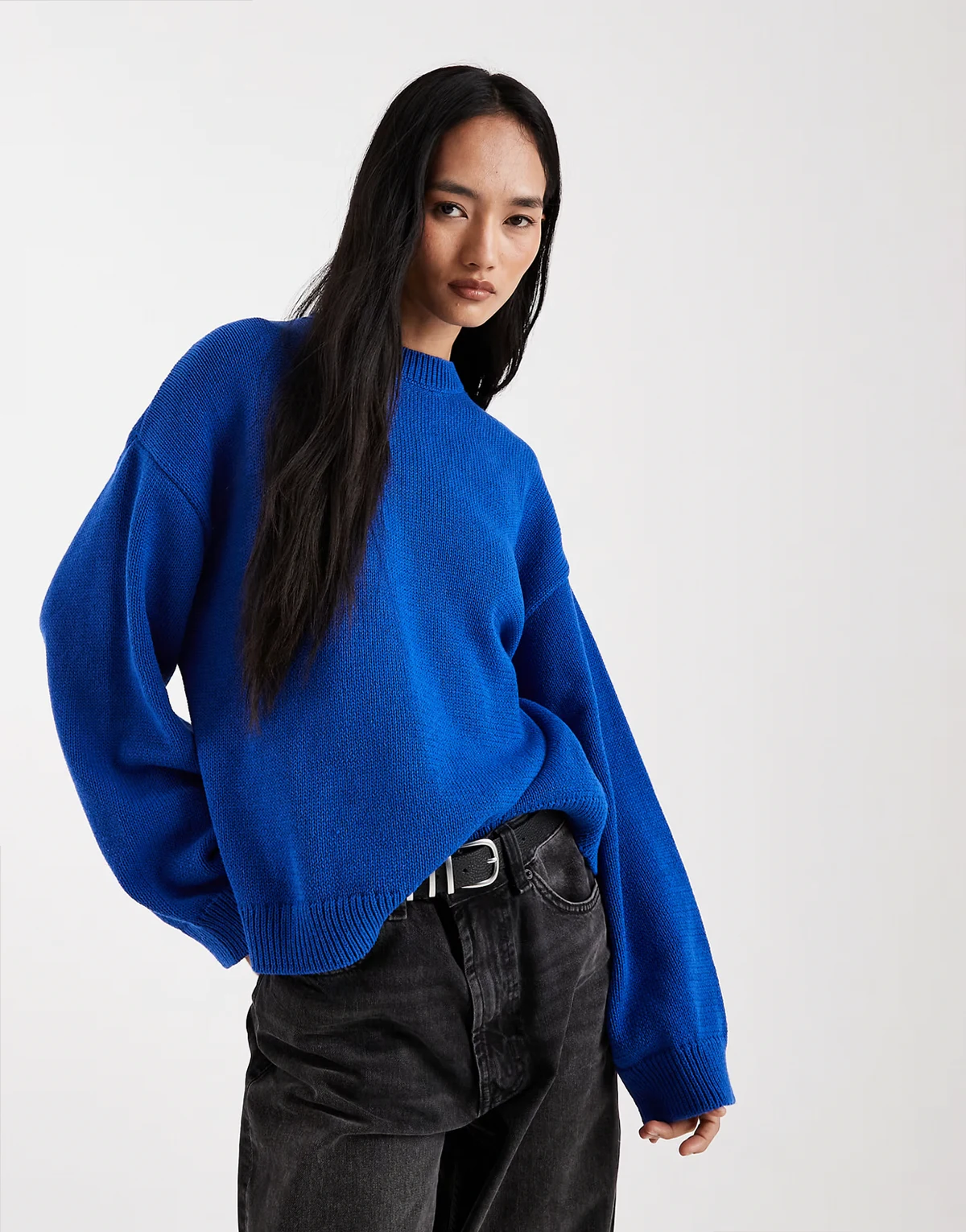 knit wide sleeves cotton blend sweater in blue