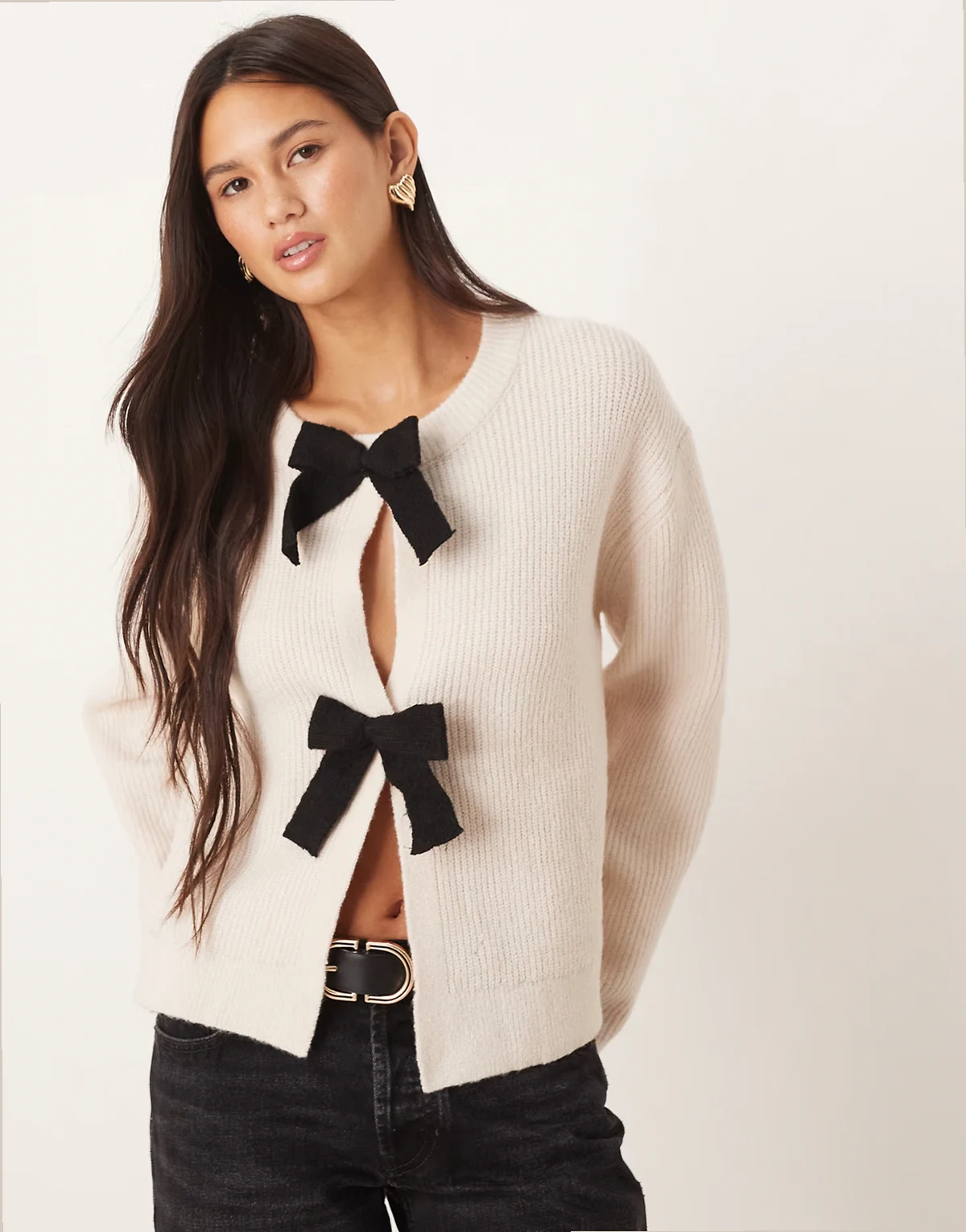 cardigan with velvet bow detail in cream